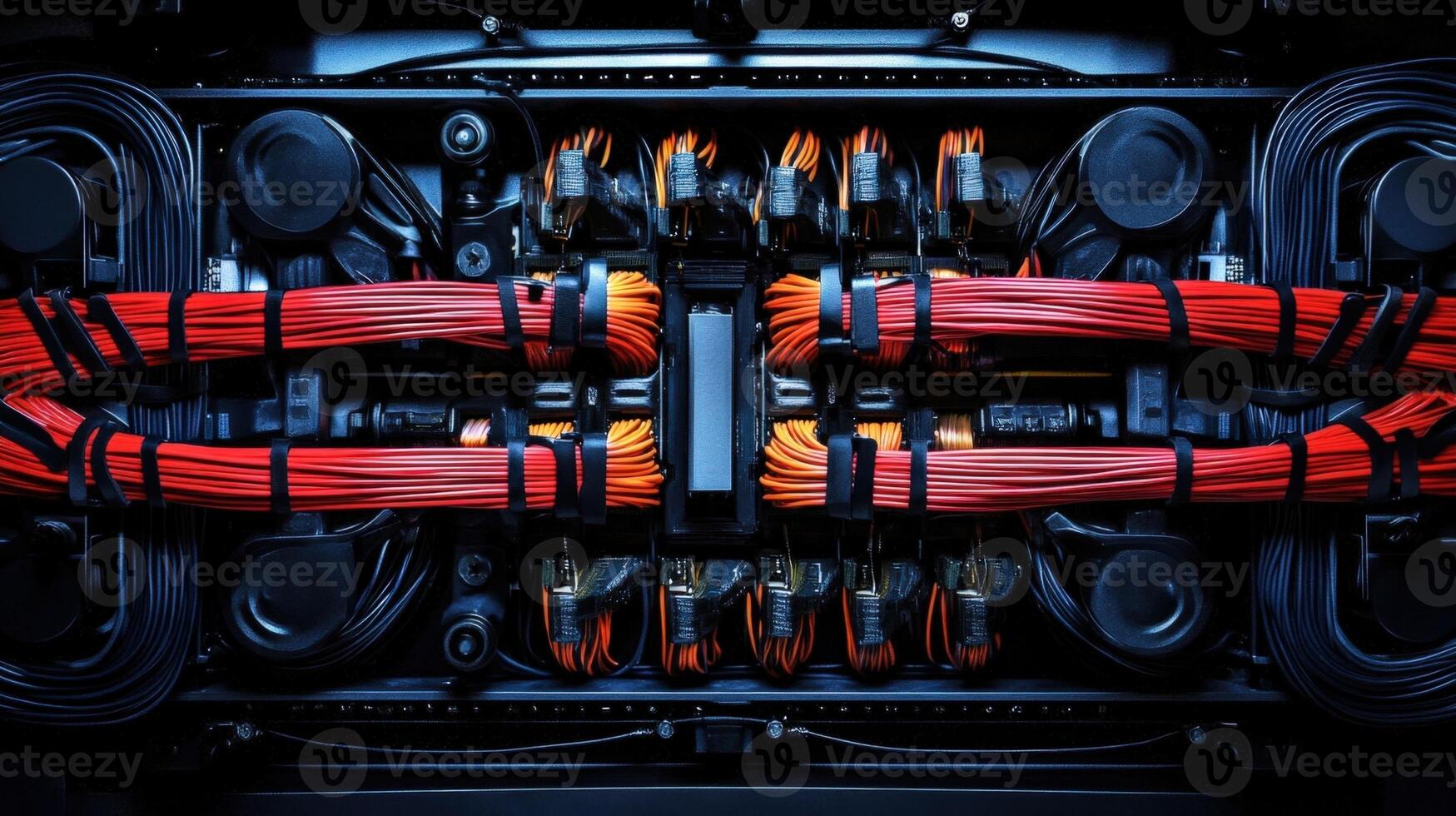 Complex electronic device with red and orange wires connecting components photo