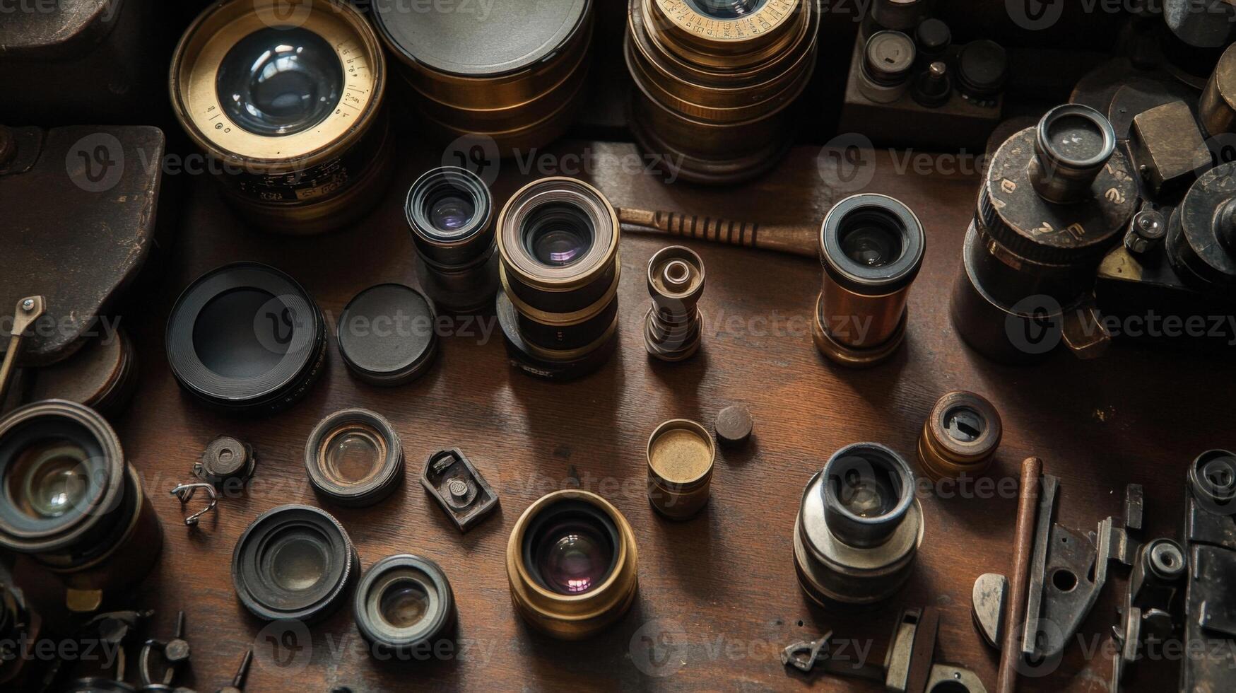 Vintage camera lenses and accessories resting on wooden table photo