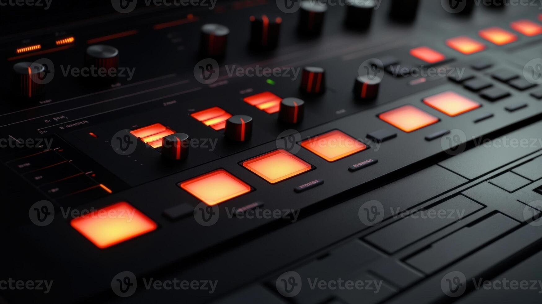Professional audio mixer with illuminated buttons and knobs in operation photo
