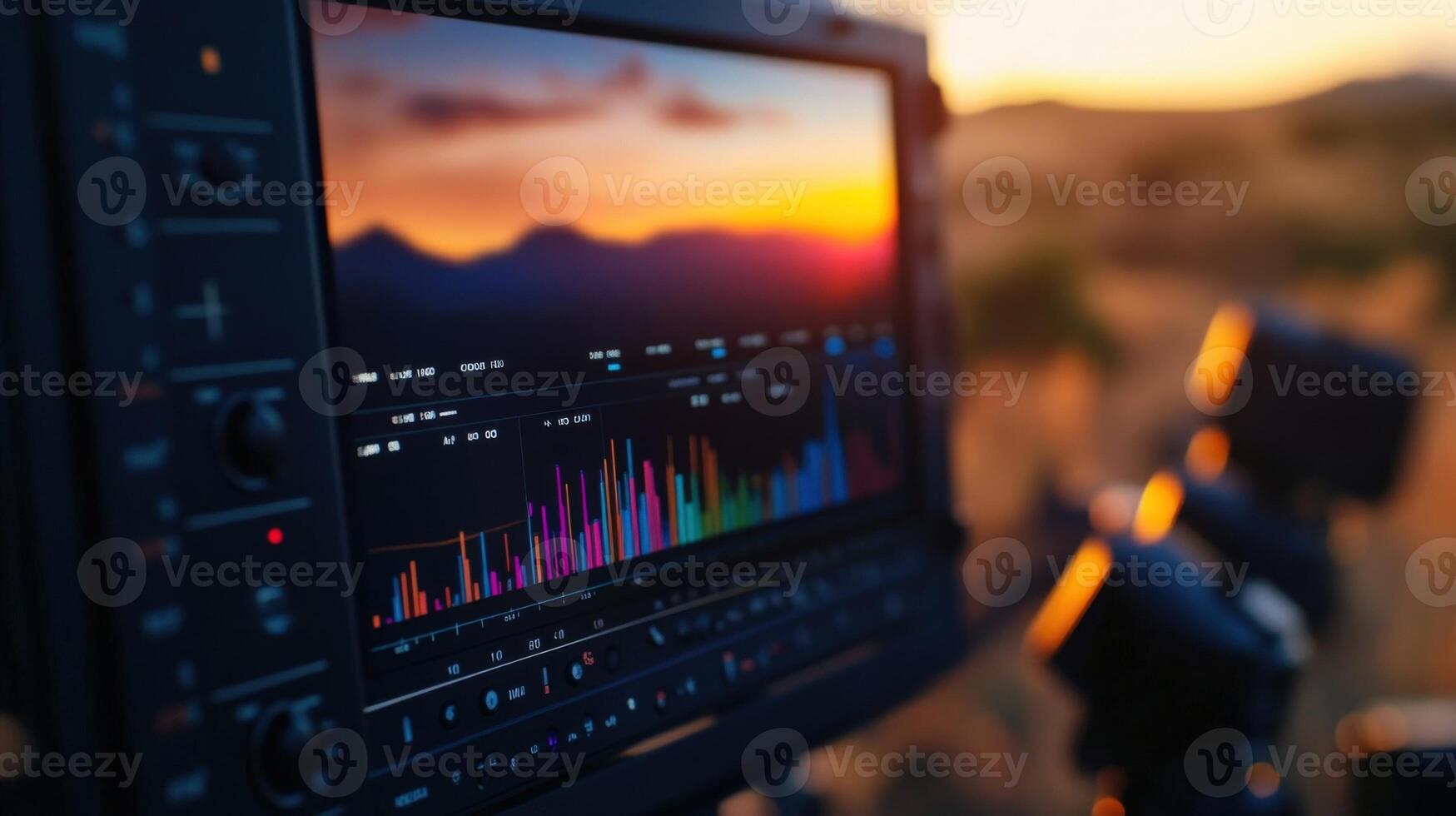 A closeup glimpse of a field monitor featuring an overlay of technical data including RGB histograms and peaking indicators. The sharp display highlights key information while showcasin photo