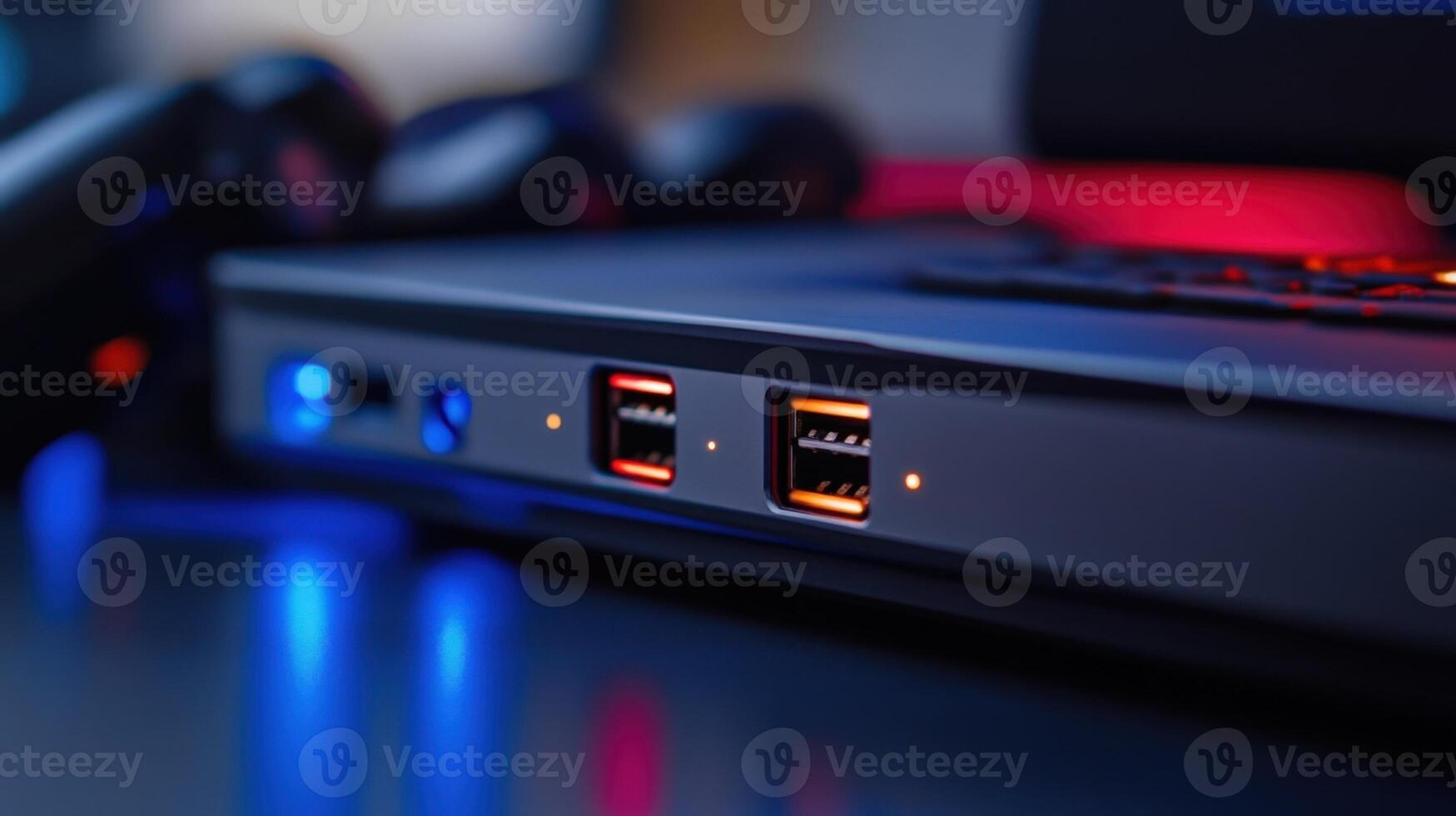 A closeup of a portable hard drive with LED lights indicating activity positioned next to multifaceted input ports where various cameras are linking to the computer emphasizing th photo
