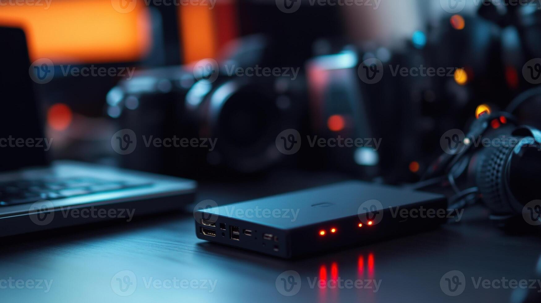 Portable ssd drive powering on with filmmaking equipment in background photo