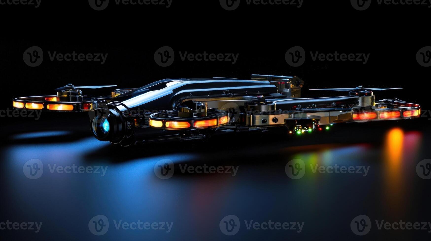 Futuristic filmmaking drone hovering in dark studio photo