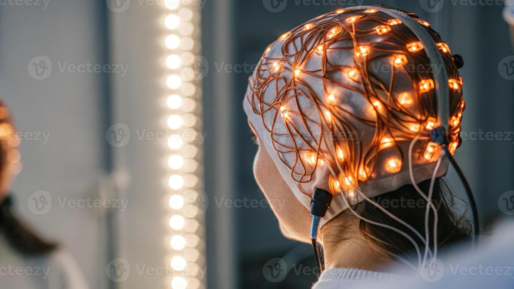 An artistic shot capturing the reflection of colorful LED lights on the EEG device while being worn creating an engaging visual overlay during the brain activity monitoring. photo