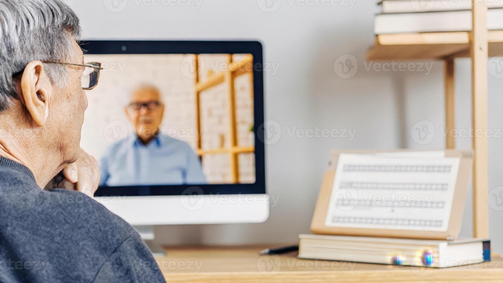 An elderly man seated in front of a computer watching an online seminar about epigenetics embodying a lifelong pursuit of knowledge and personal growth in understanding health and. photo