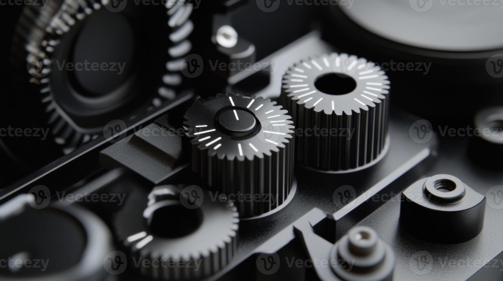 A closeup view of a precisionengineered follow focus system highlighting its gear mechanism and adjustable marking discs positioned next to a set of compatible lens gear rings photo