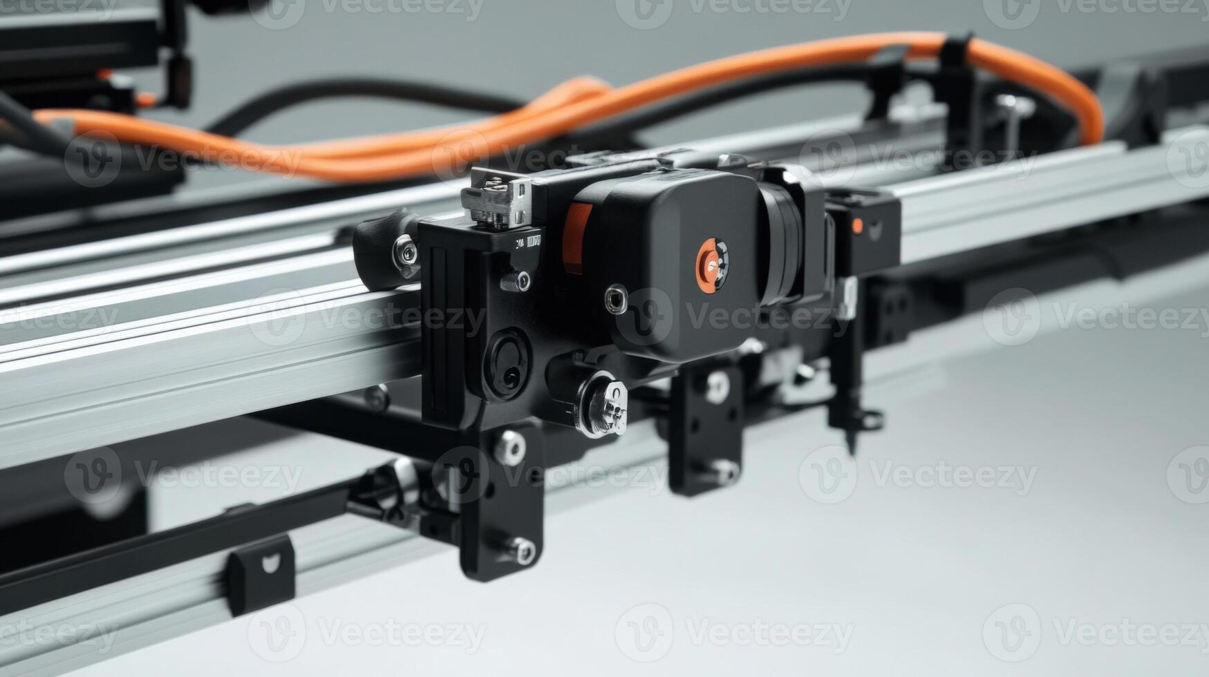 An image capturing the integration of the camera rig mounted on the dolly focusing on the adjustable brackets and locking mechanisms ensuring secure placement with wires tidily manage photo