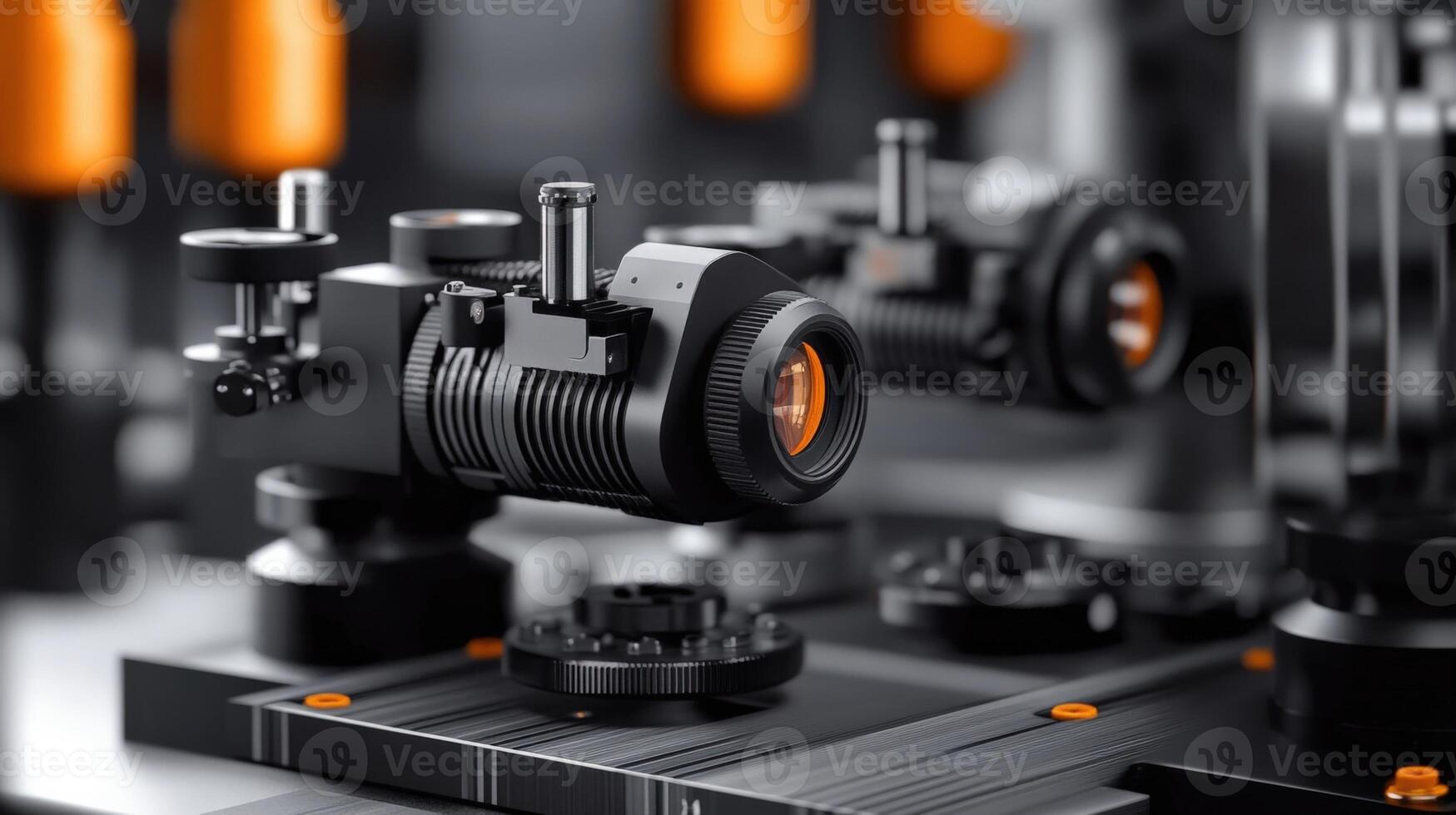 A closeup view of dual lens configurations with adjustable parameters for interaxial distance and convergence. The equipment is set against a backdrop of filmmaking tools emphasizin photo