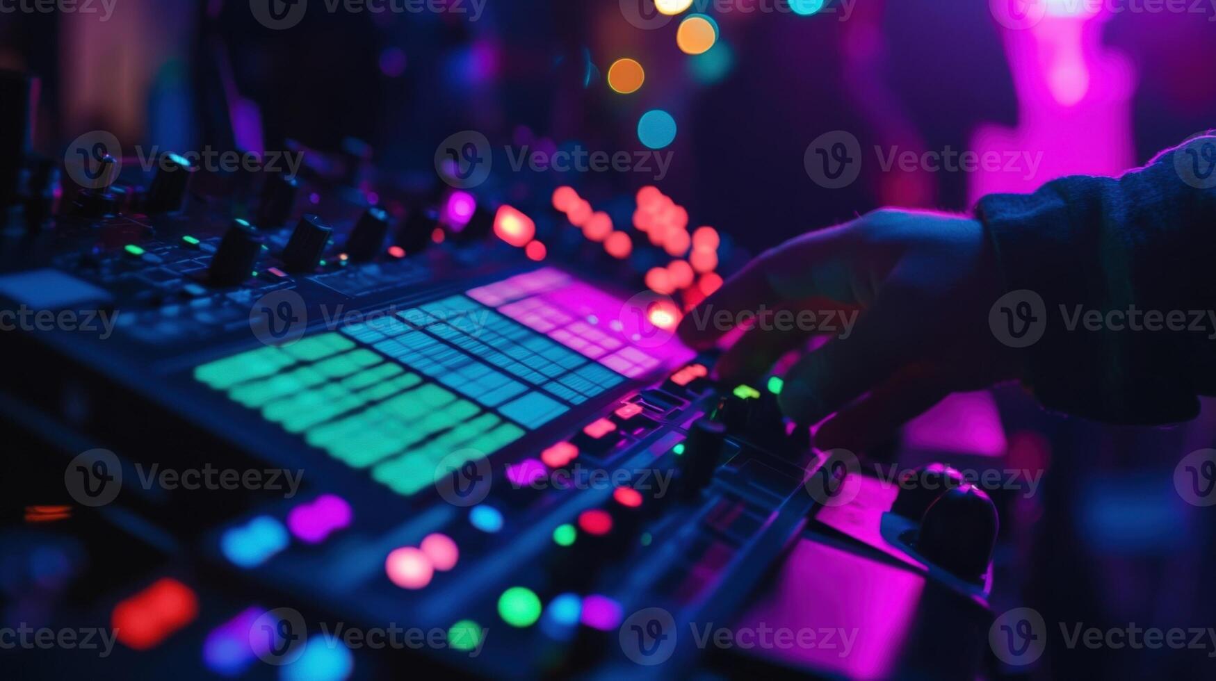 Dj mixing music on controller board in nightclub with colorful lights photo