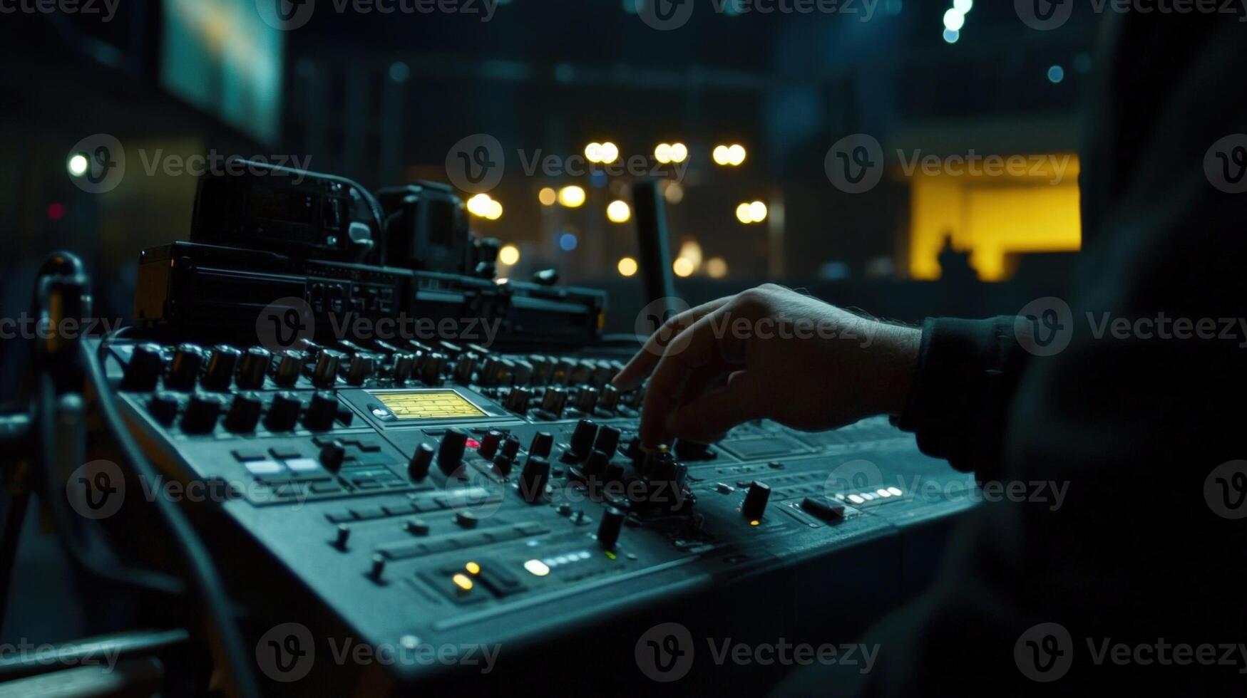 Sound engineer adjusting audio levels on mixing console during live event photo
