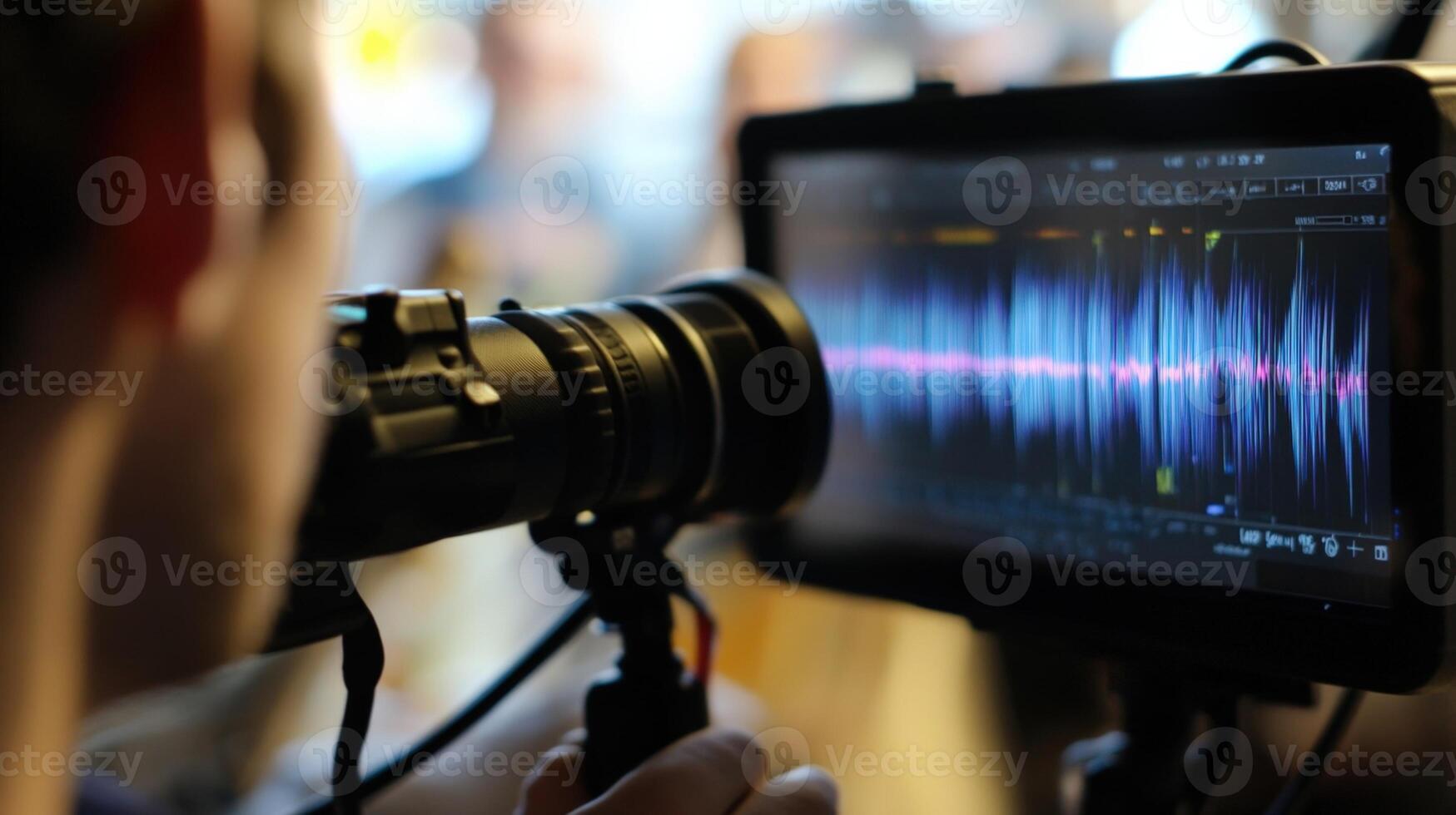 Videographer recording audio using professional camera and monitor photo