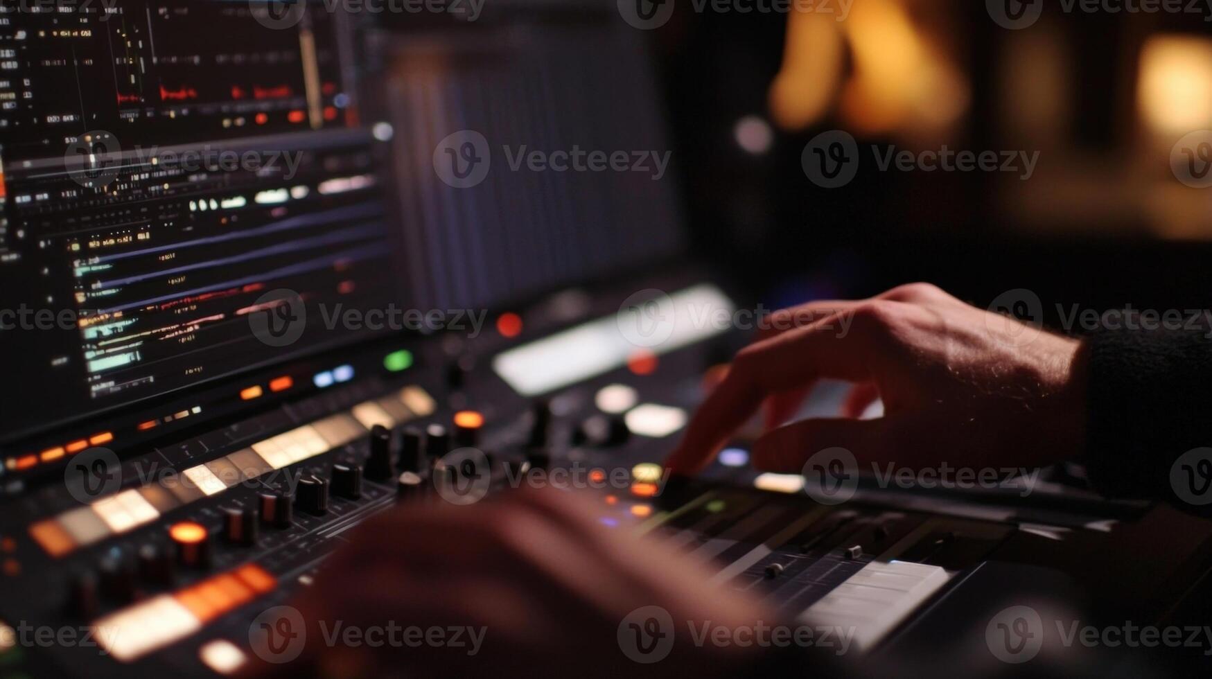Sound engineer mixing music on audio mixing console photo
