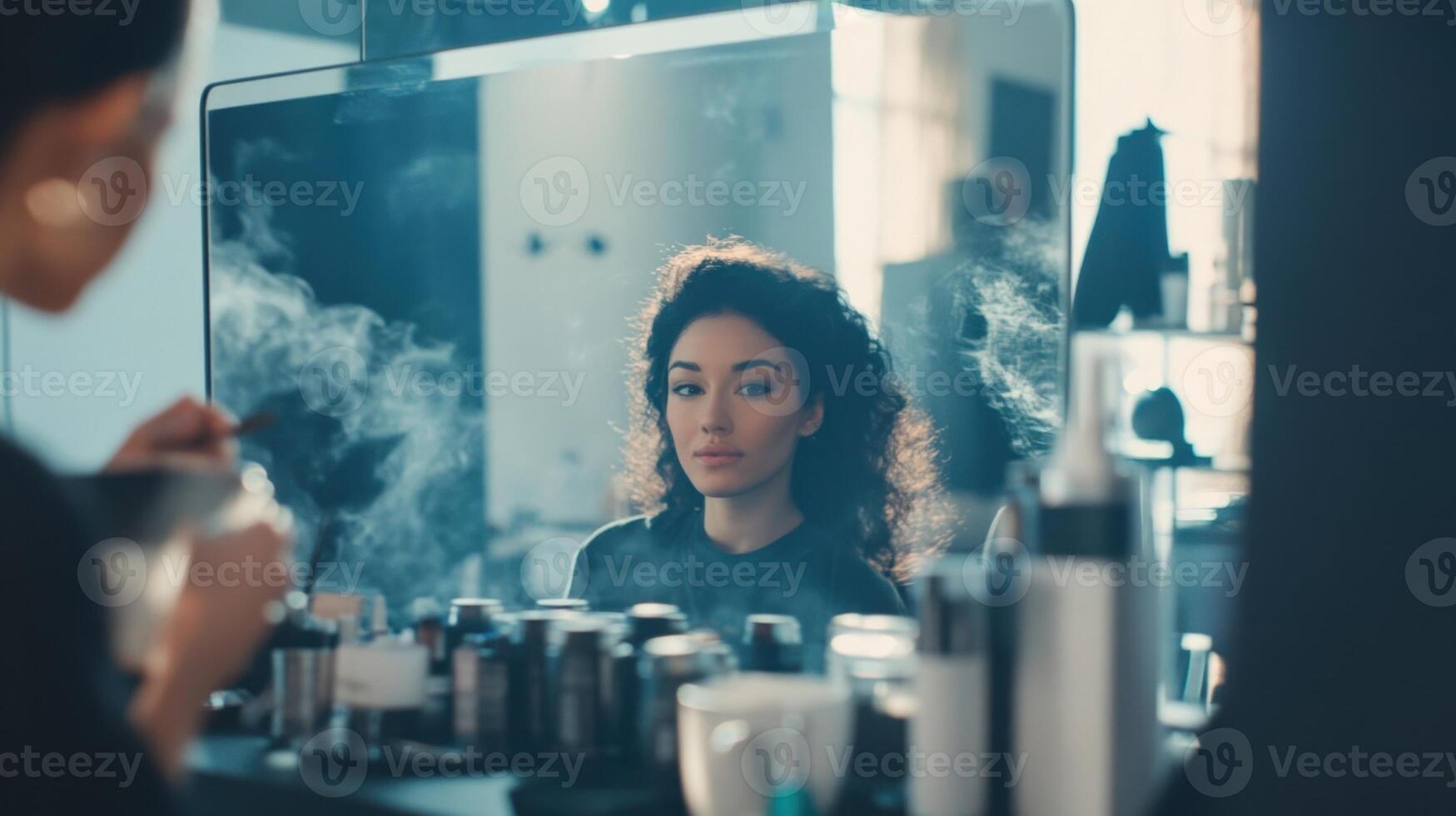 A tired but energized makeup artist adjusts her hair in a mirror while a production assistant stands nearby pouring steaming coffee into mugs. The room is filled with a mix of laughte photo
