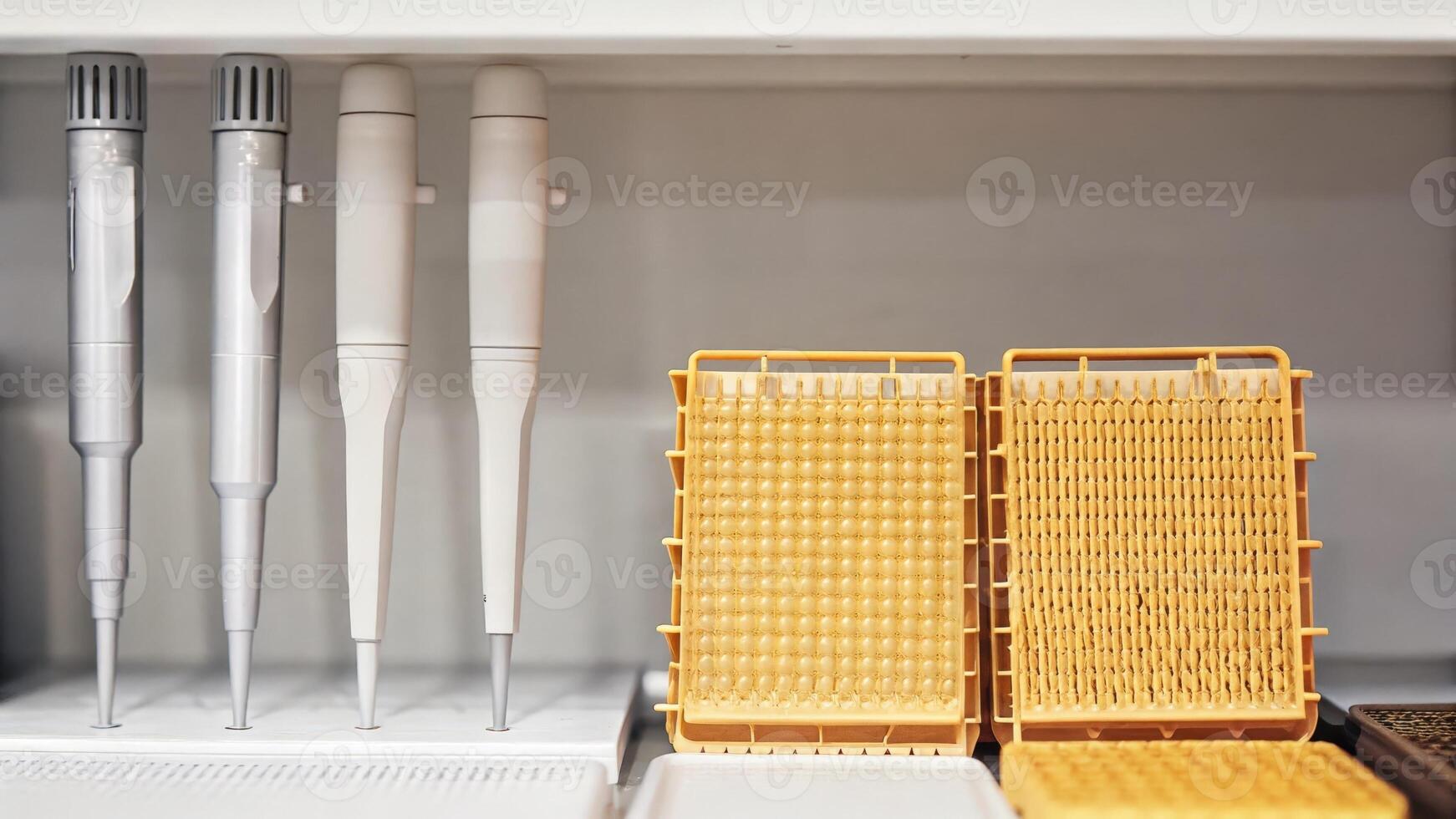 An array of advanced tools including a gel electrophoresis apparatus and fluorescent imaging systems set against a backdrop of clean white laboratory surfaces.. photo