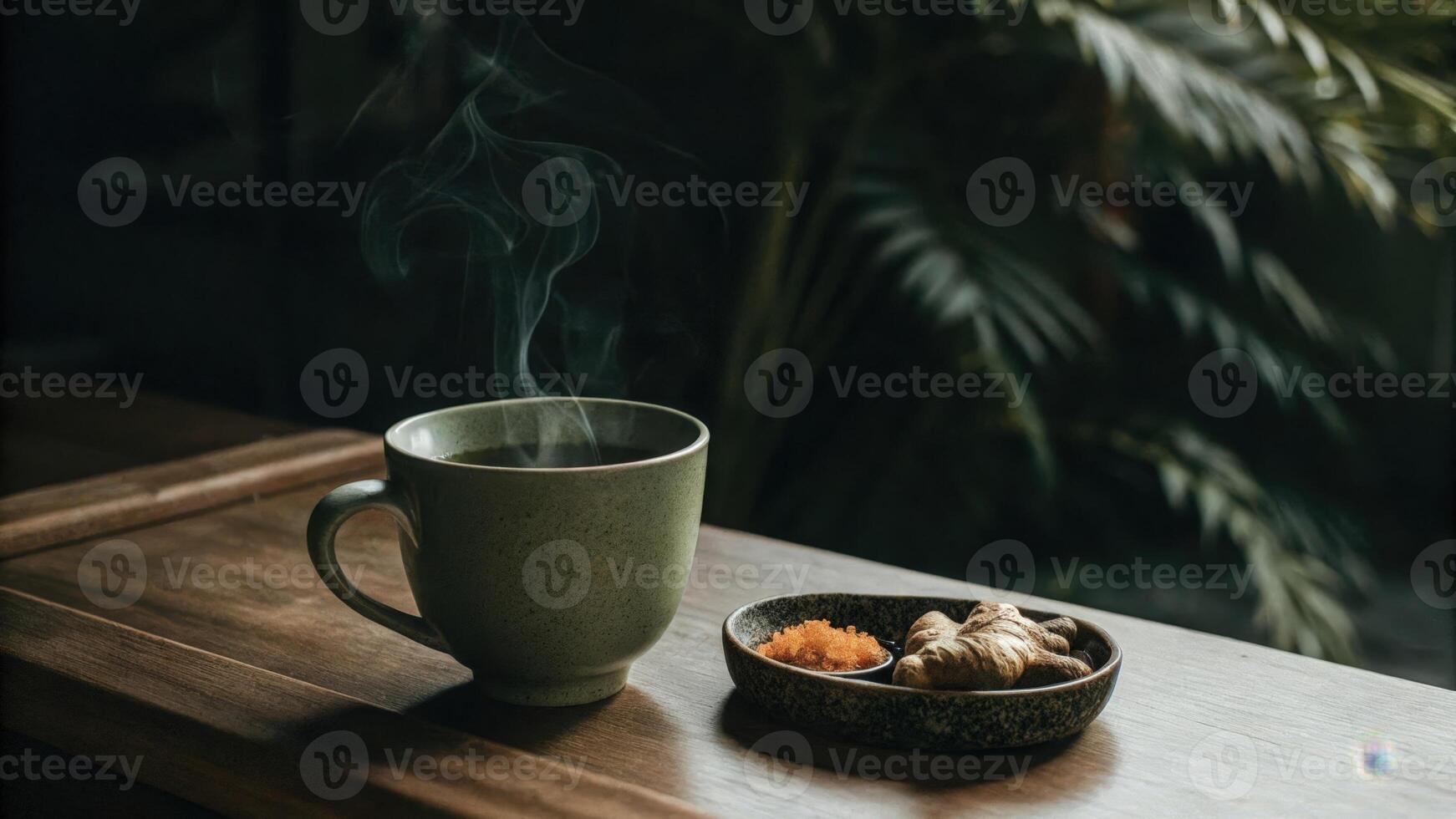 A steaming cup of herbal tea sits next to a small bowl of es like turmeric and ginger highlighting the natural ingredients used to boost metabolism and overall wellness.. photo