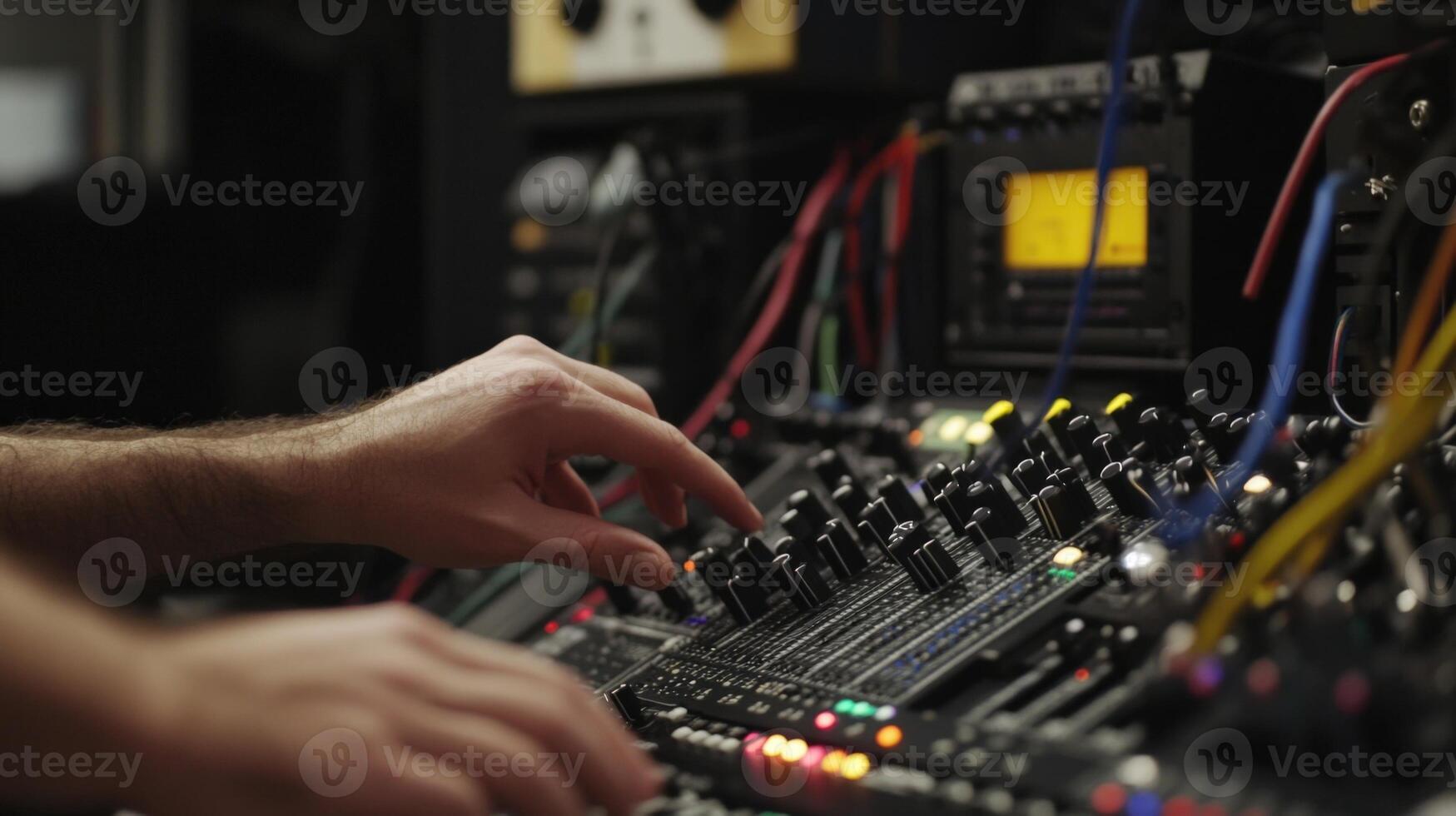 A detailed view of a sound engineers hands skillfully adjusting the faders and settings on a digital mixing board with various audio cables and equipment in the background emphasizin photo