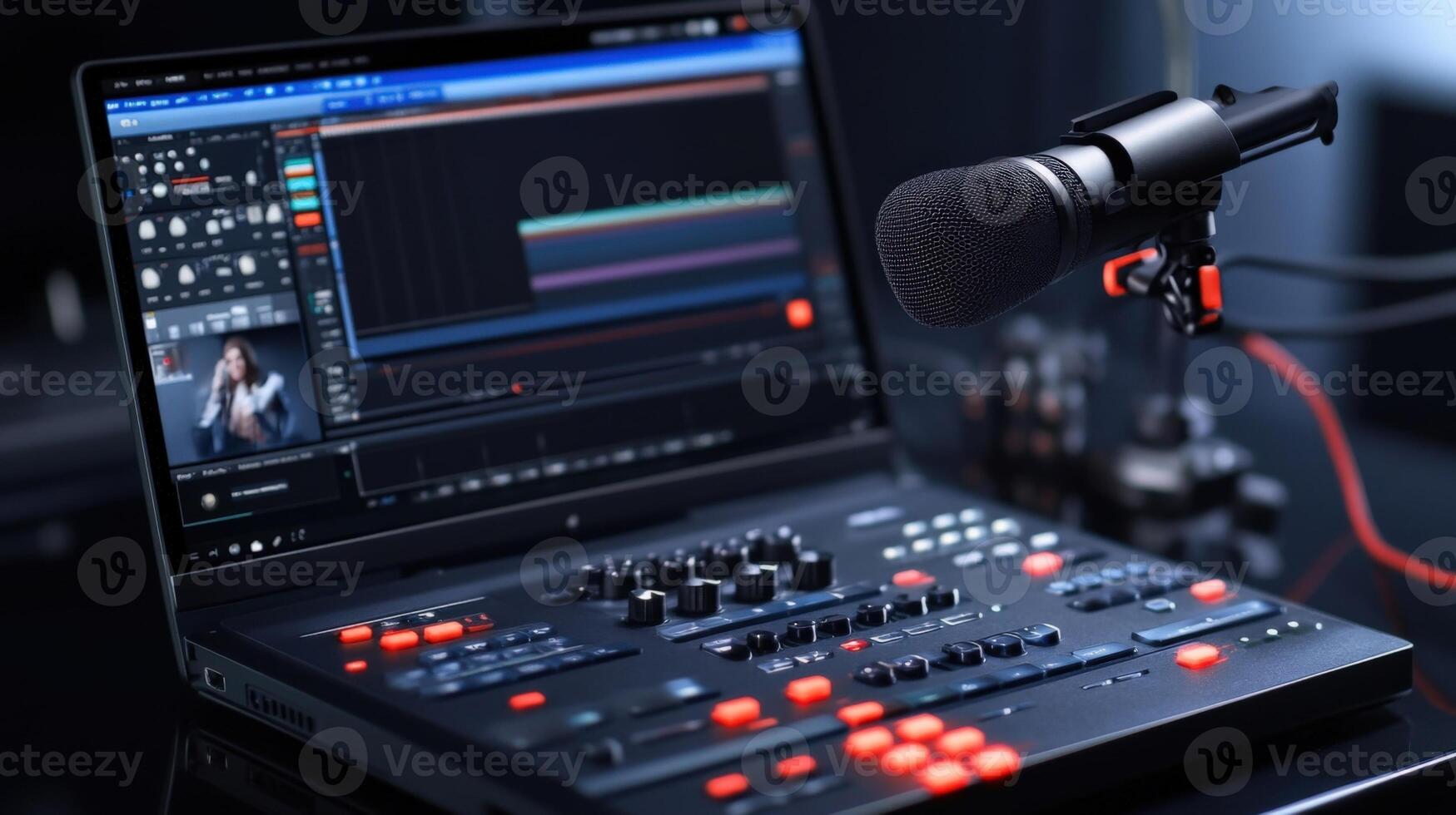 A workspace featuring a laptop connected to a teleprompter system displaying a userfriendly interface with large text and editing tools while a microphone hangs nearby for clear audi photo