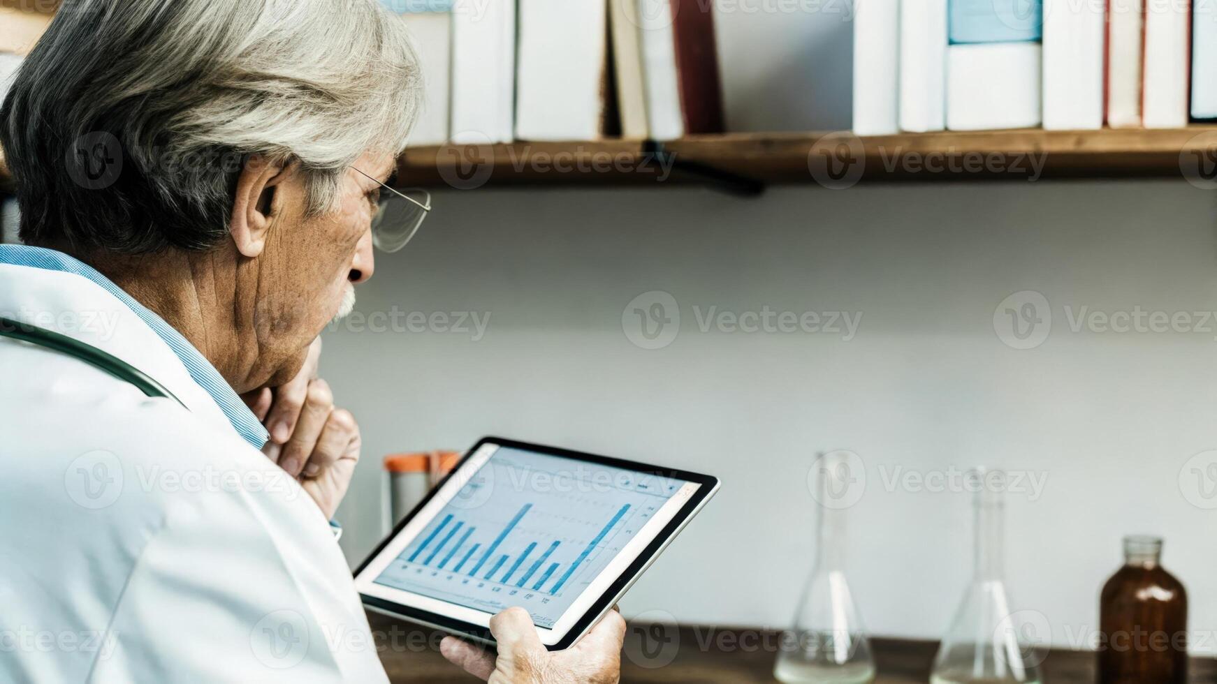 A thoughtful expression on a senior biohackers face as they inspect a digital tablet displaying data analysis with a backdrop of shelves filled with scientific books and beakers.. photo