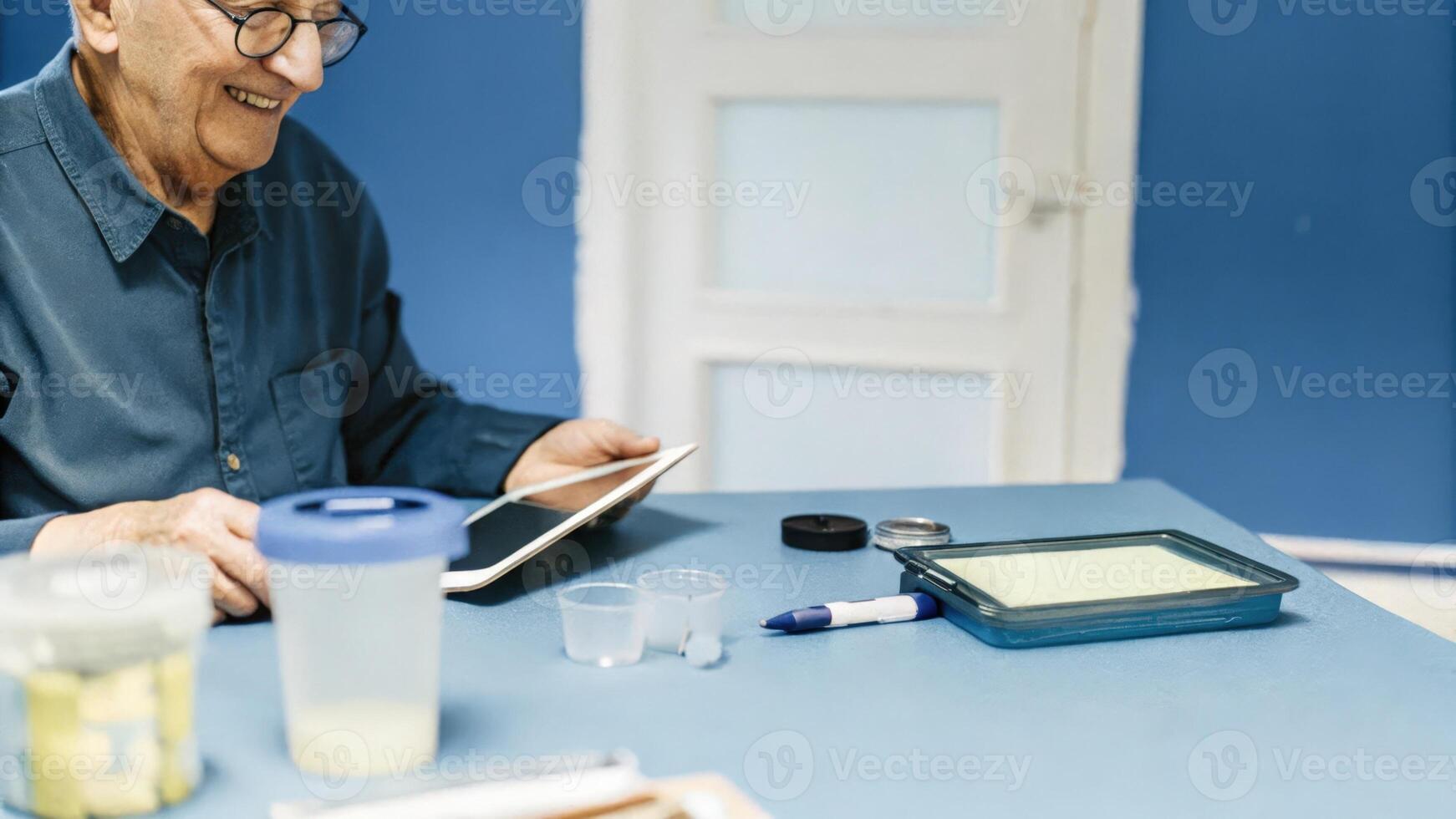 An elderly man smiles as he inputs data into a healthtracking app on a tablet surrounded by various tools like a pedometer measuring cups and a insulin pen for managing his. photo