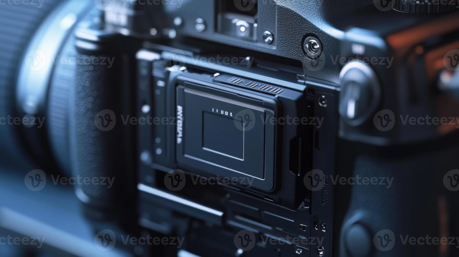 An artistic shot of a camera battery partially inserted into a professional camera body with focus on the seamless connection emphasizing the critical role of power in capturing photo