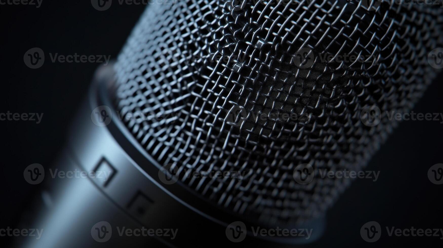 An intricate closeup of the shotgun mics mesh grille showing detailed textures with focus on its precise pickup pattern indicator and the attached XLR cable highlighting its professiona photo