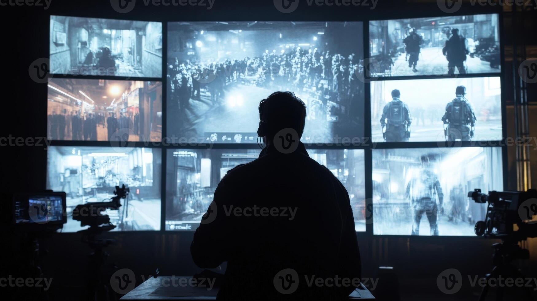 A behindthescenes shot of a director monitoring a series of screens showing simultaneous images from different camera angles illustrating the collaborative effort in capturing an even photo