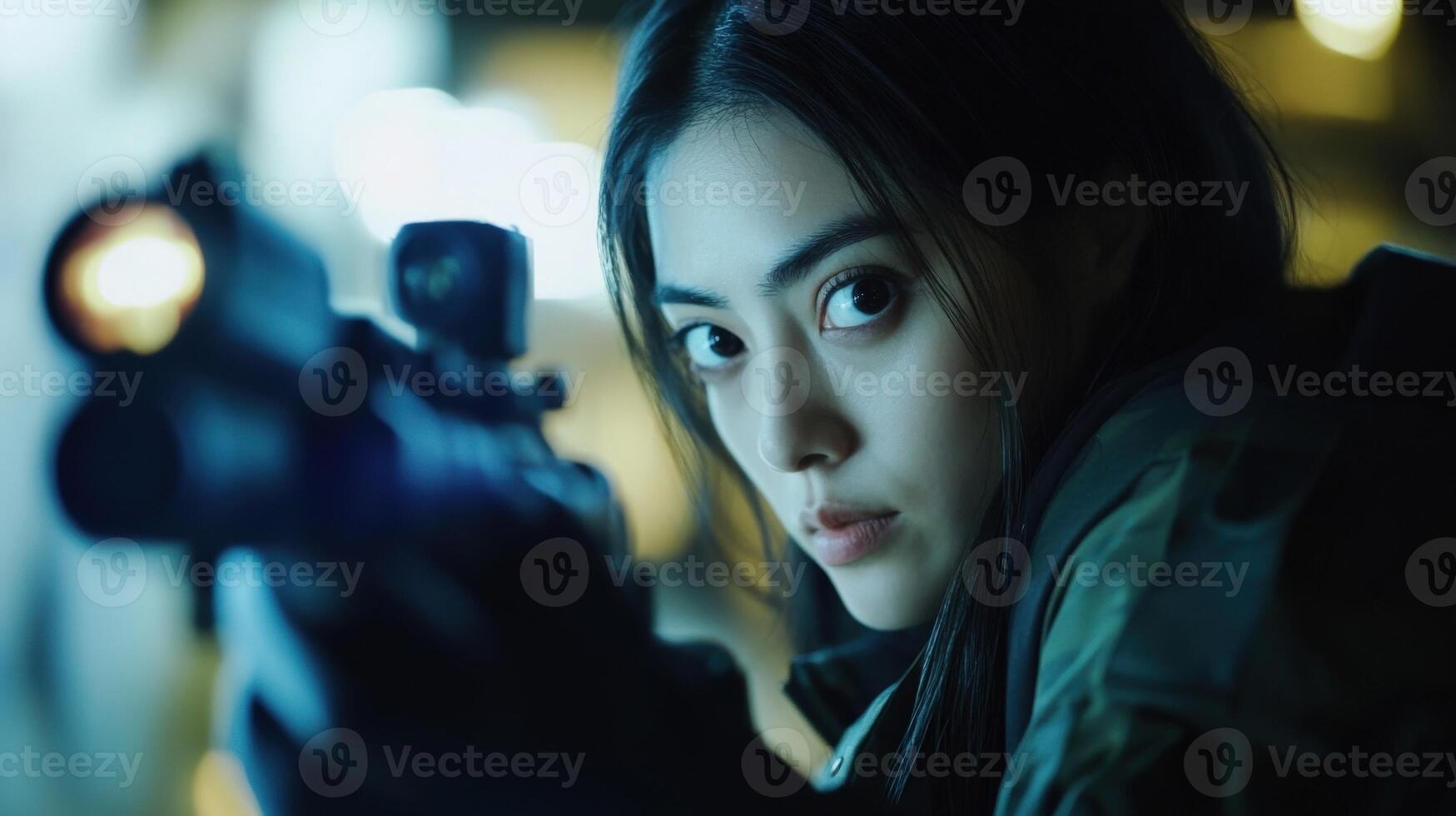 Soldier aiming with assault rifle in dramatic lighting photo
