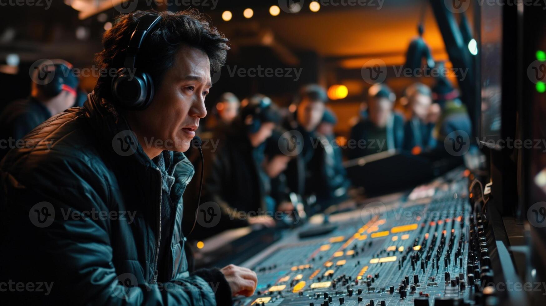 Sound engineer adjusting audio mixing console during filmmaking process photo