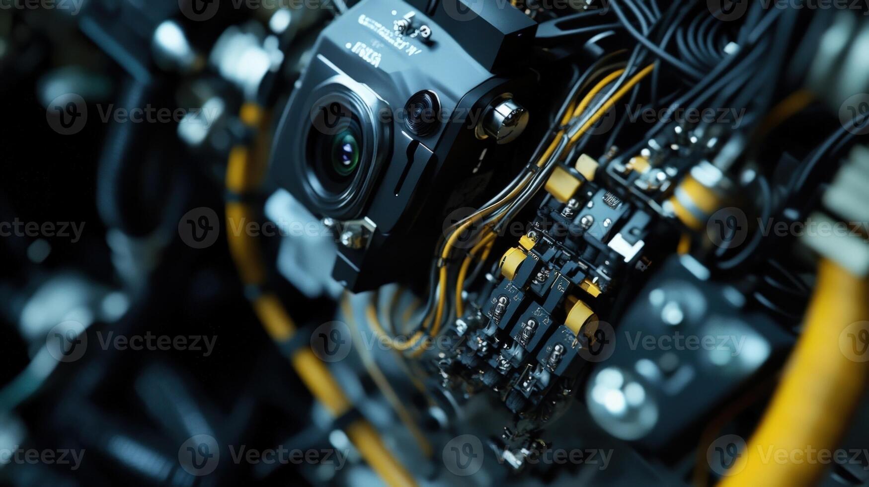 Professional digital cinema camera surrounded by electronic components and cables photo