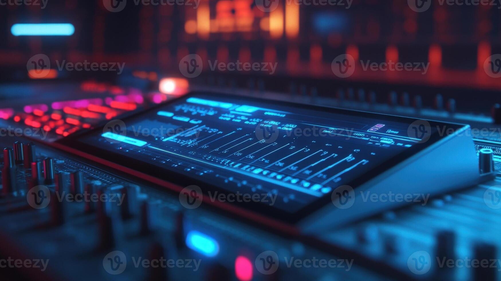 A digital clapperboard resting on a production table partially illuminated by stage lights featuring a timer countdown alongside detailed audio waveforms on its highresolution screen photo