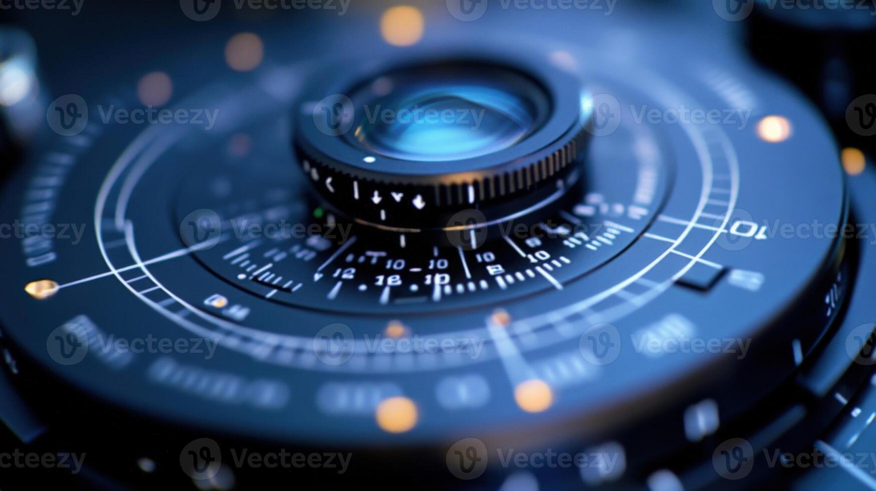 Camera lens showing focus and aperture settings for filmmaking photo