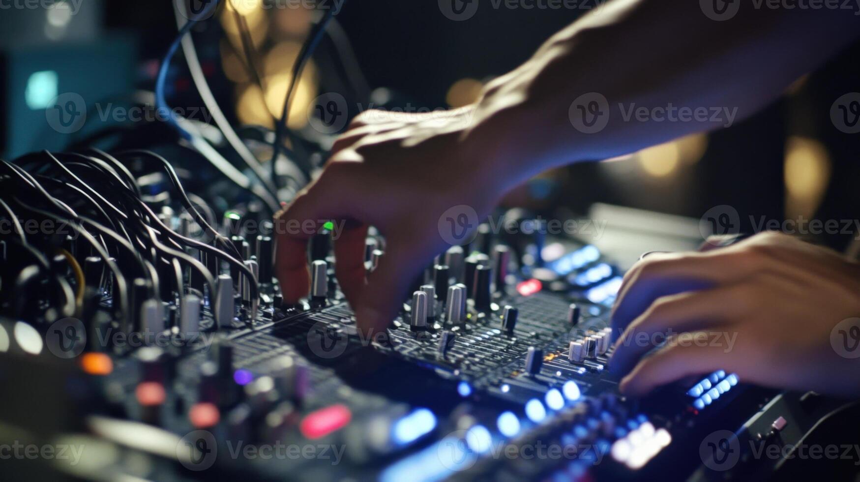 A detailed view of a sound engineers hands skillfully adjusting the faders and settings on a digital mixing board with various audio cables and equipment in the background emphasizin photo