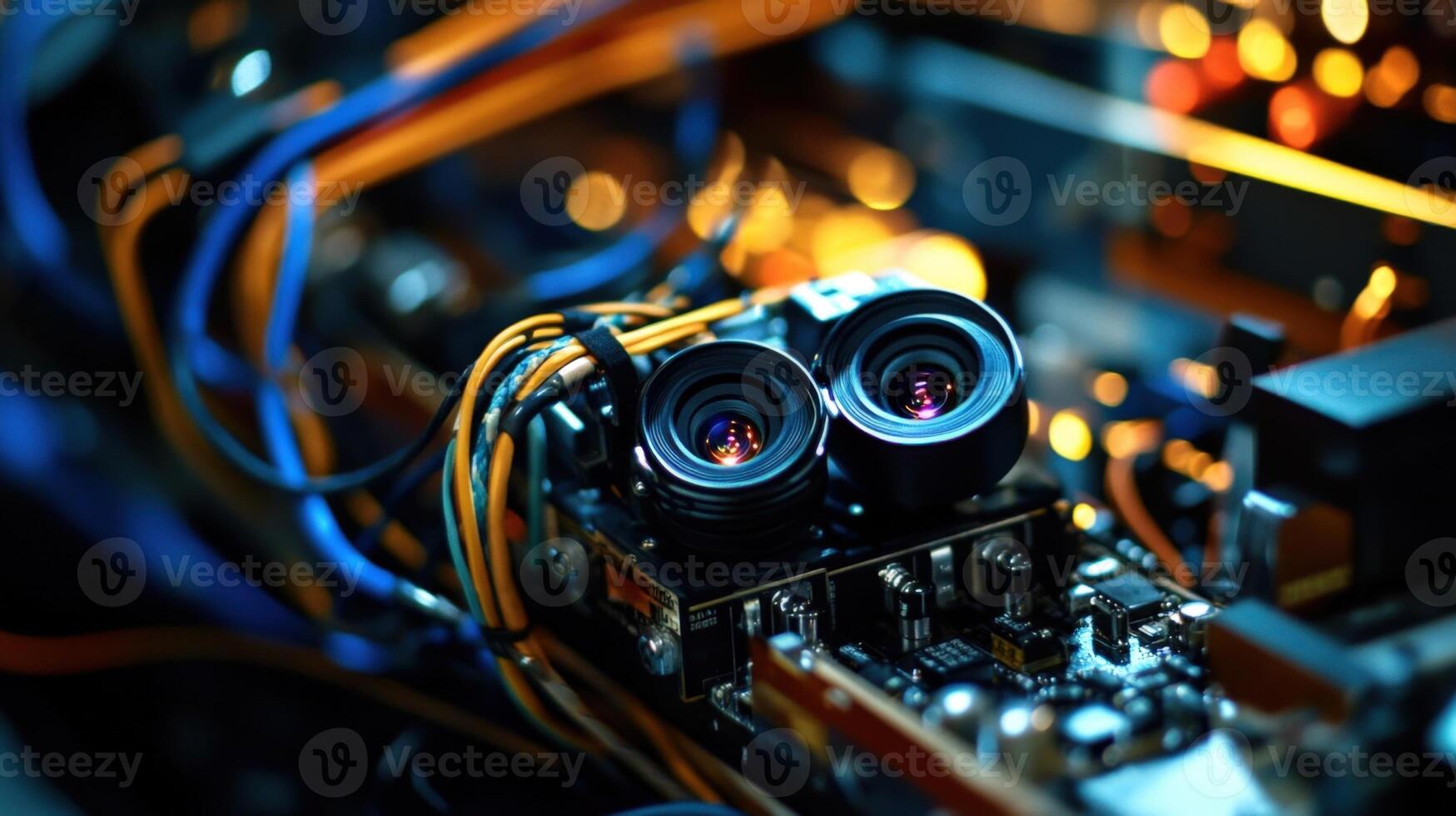 Closeup of a camera mounted on a gimbal system with multiple sensors highlighting the intricate wiring and motors that enable fluid softwaredriven stabilization and precise trackin photo
