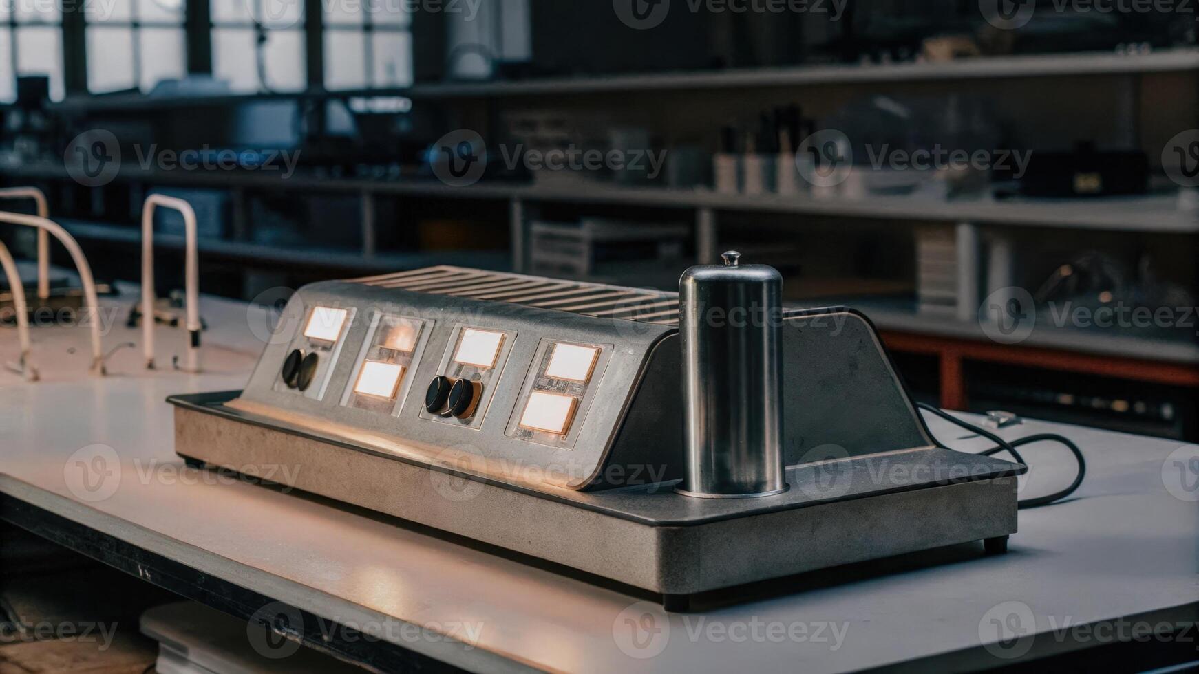A sleek metallic device sitting on a laboratory table with LED lights pulsing rhythmically indicating its function in neuroenhancement research.. photo
