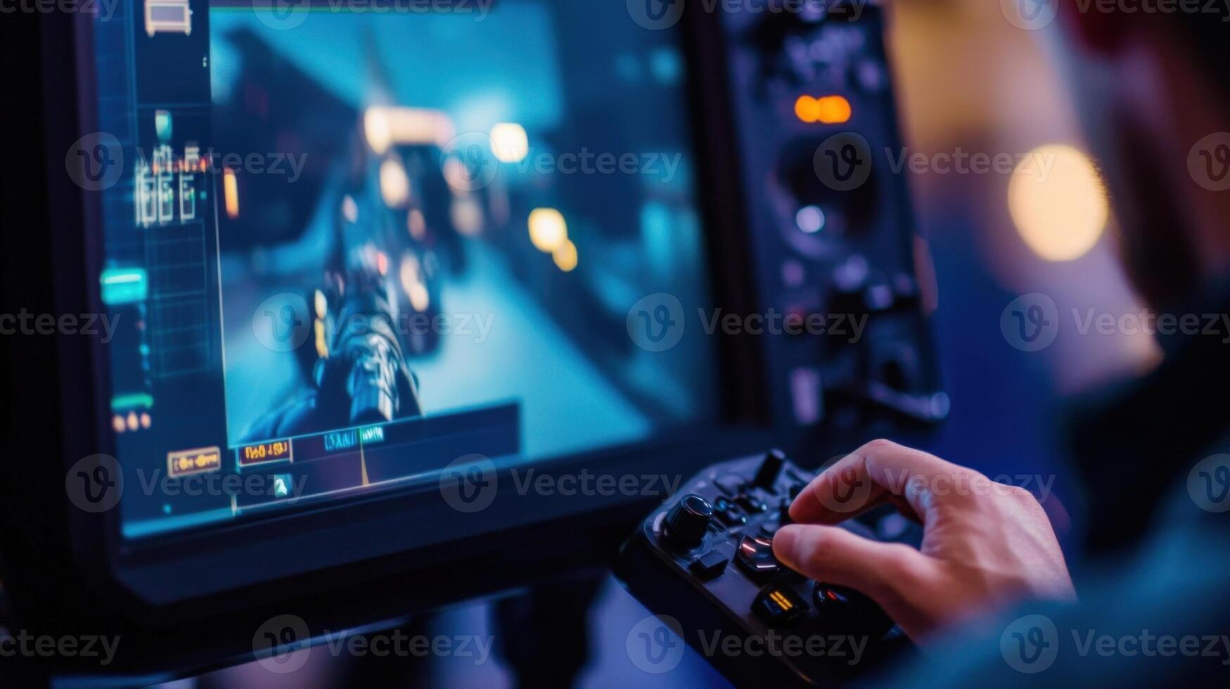 A closeup of a monitor reveals crisp dynamic footage of a pivotal scene with the directors hand hovering over a control joystick. Reflected in the screen are the outlines of the cre photo