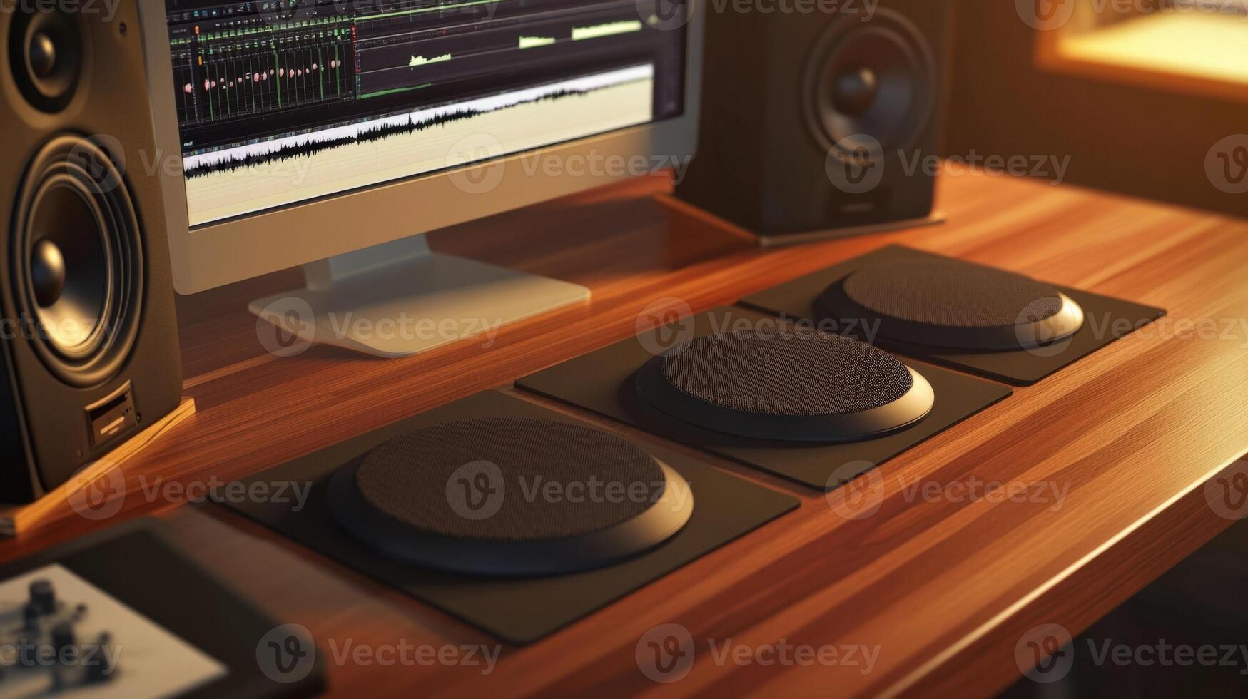A detailed image of studio monitors on a wooden desk surrounded by sound isolation pads emphasizing how these pads reduce vibrations and enhance audio clarity during mixing and productio photo