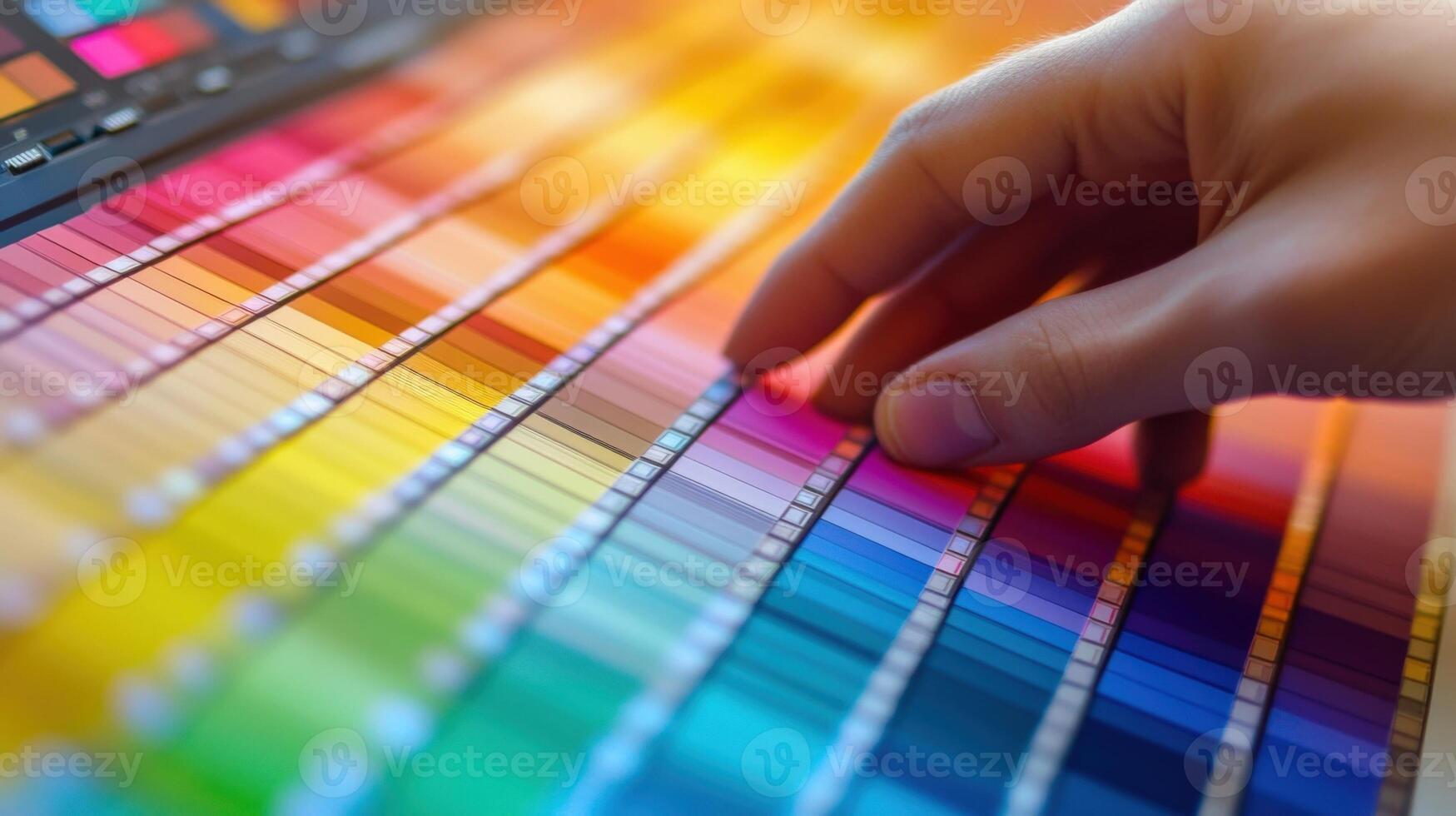 An artists hand adjusting color grading settings on a professional monitor surrounded by color swatches and graphical representations of hues illustrating the meticulous process o photo