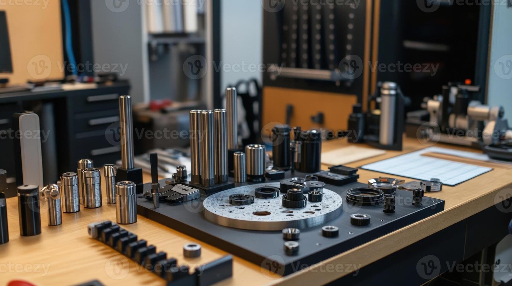 Filmmaking equipment and precision tools arranged on workshop table photo