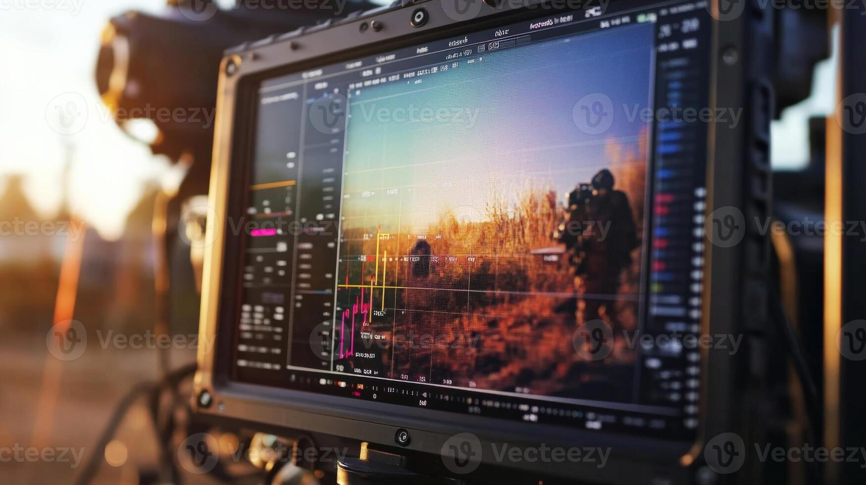 Cameraman recording a scene with a professional camera at sunset photo