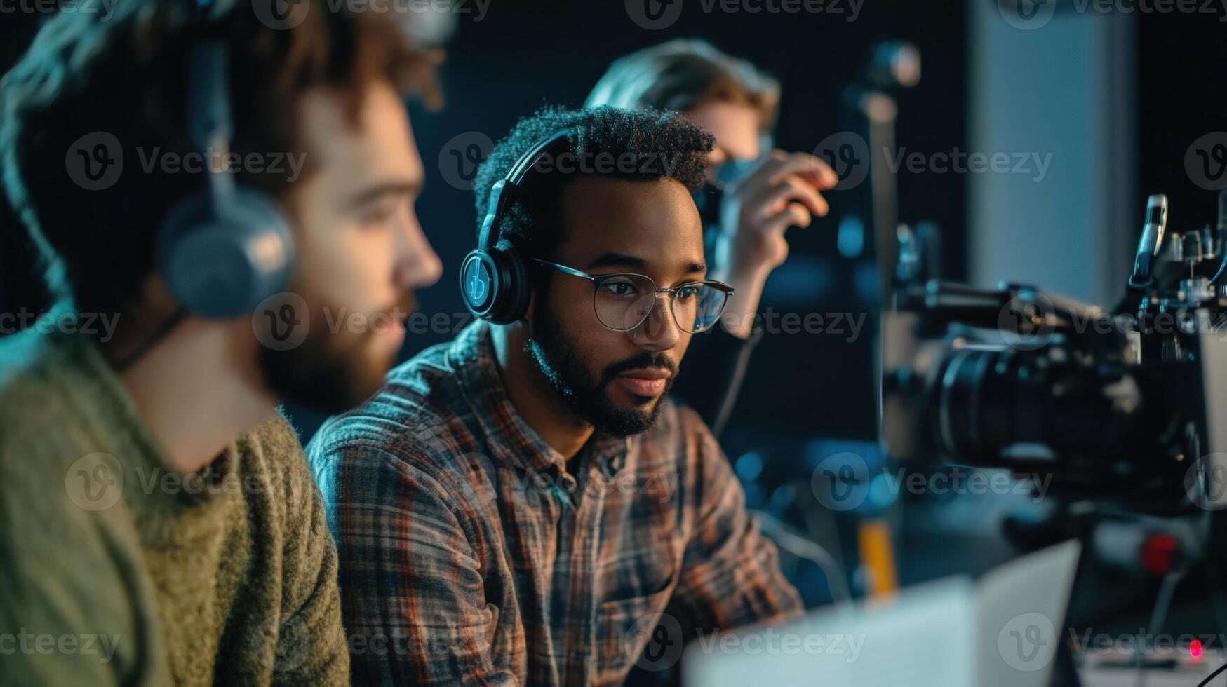 Film crew working in a studio controlling a movie shooting with a professional digital camera photo