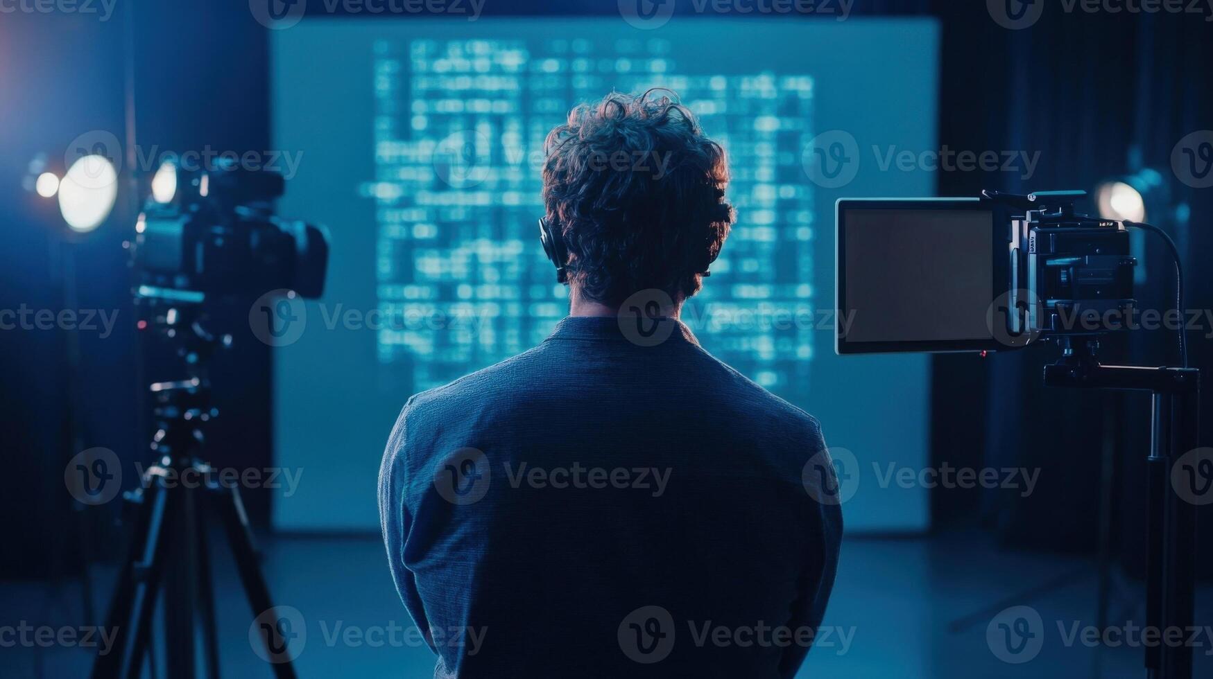 An oncamera talent reading a script projected from a compact teleprompter mounted on a tripod surrounded by studio lights and a backdrop illustrating the seamless integration of technolog photo