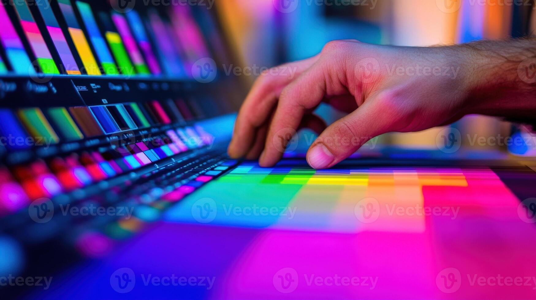 An artists hand adjusting color grading settings on a professional monitor surrounded by color swatches and graphical representations of hues illustrating the meticulous process o photo