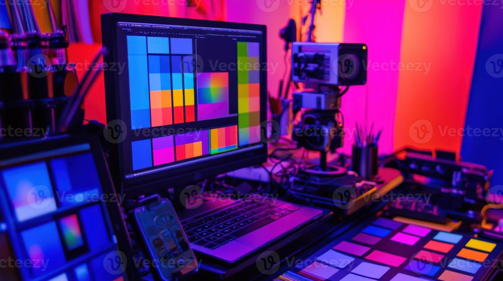 Colorist editing software showing color palette on computer screen in modern studio photo