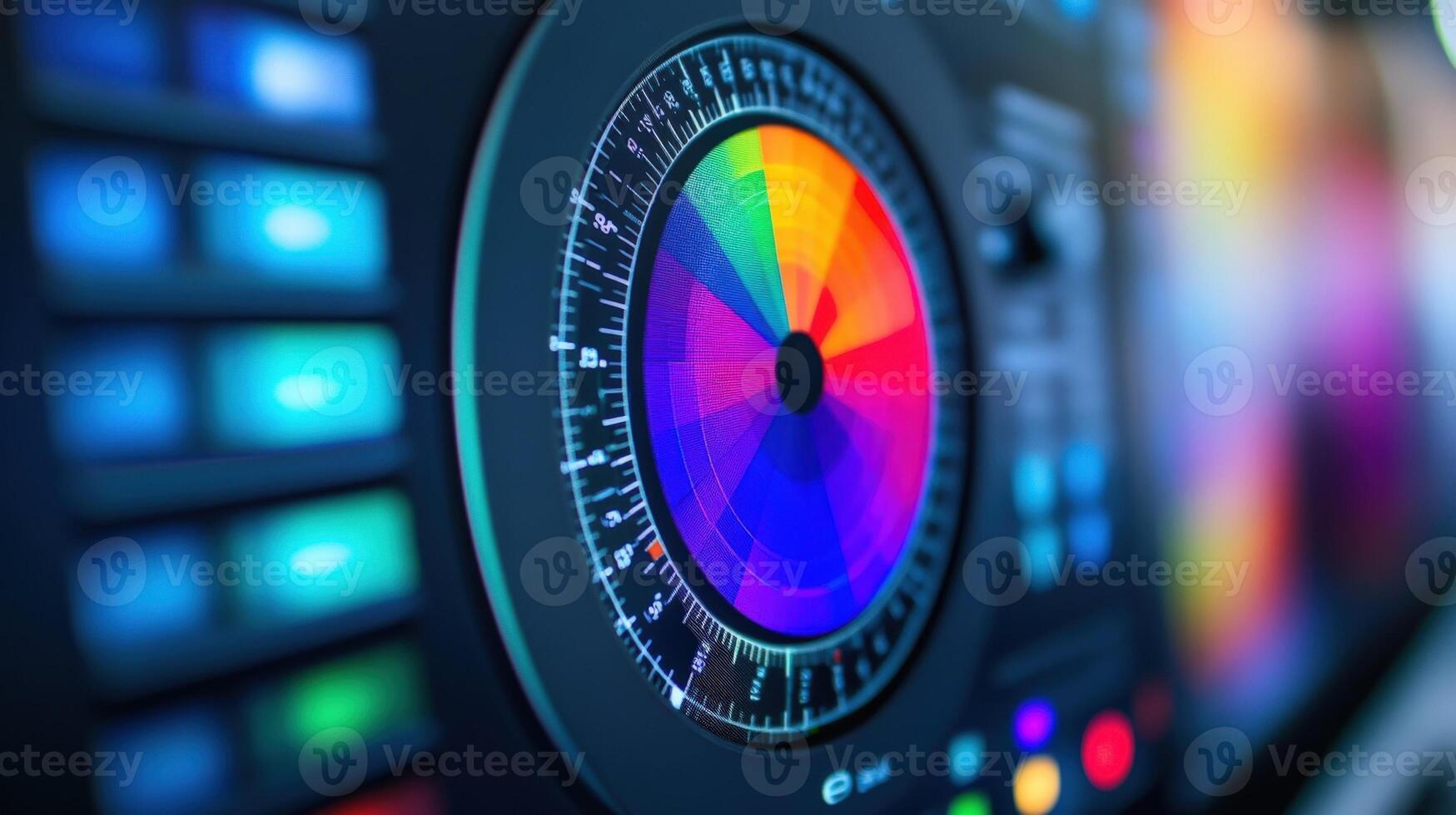An intricate closeup of a field monitor featuring a vectorscope that displays color distribution across the spectrum. The circular graph is filled with hues indicating the balance o photo