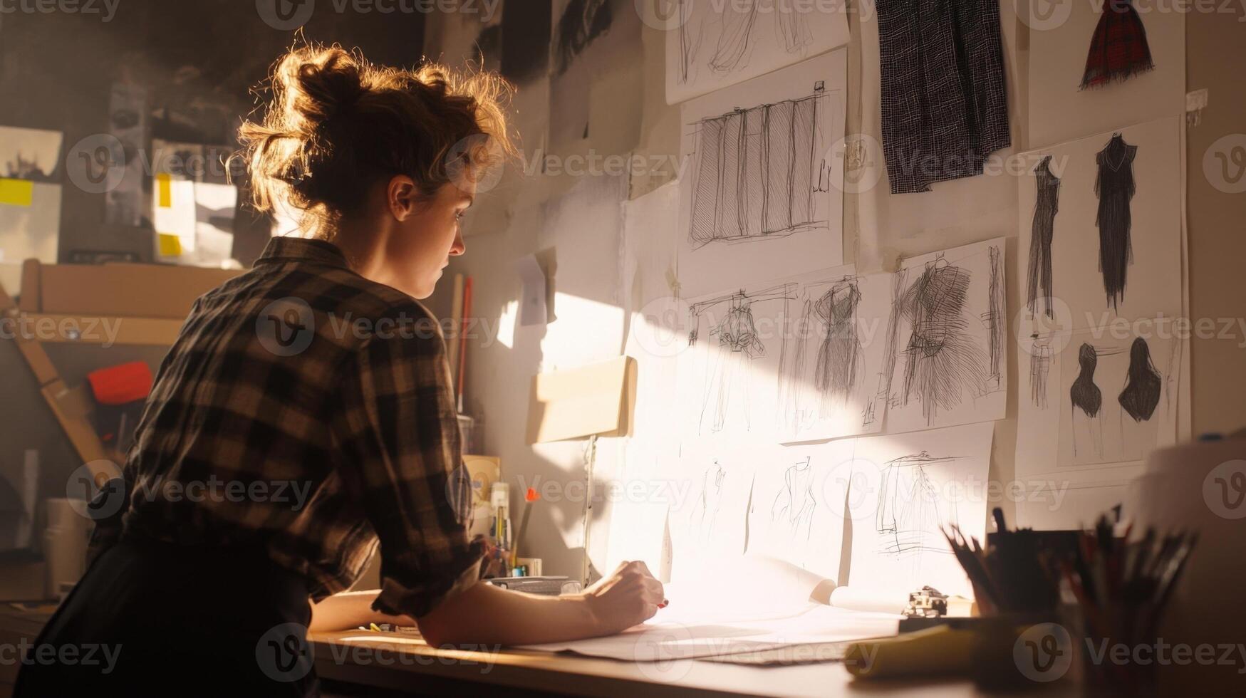 A sideangle perspective of the designer deeply focused on sketching with sunlight streaming through a window illuminating the delicate lines of flowing fabrics on the page and an photo