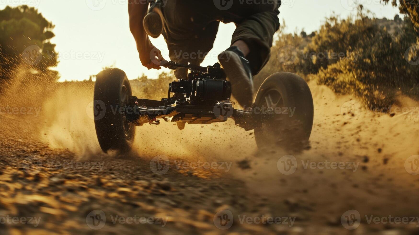 A dynamic shot of the Steadicam in motion highlighting the fluidity of the stabilization system as it glides over uneven terrain with the operators hands deftly finetuning the control photo