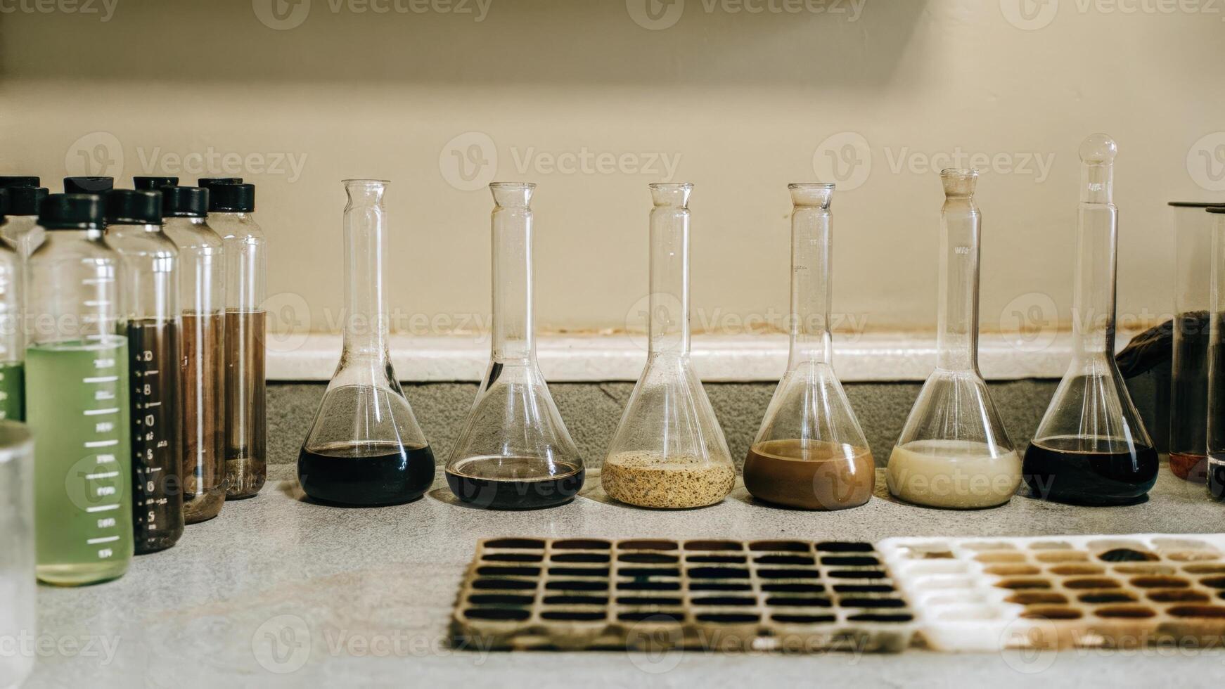 An assortment of glassware including flasks and beakers with labels and colorcoded samples arranged neatly on a lab countertop emphasizing the organization essential for cell. photo