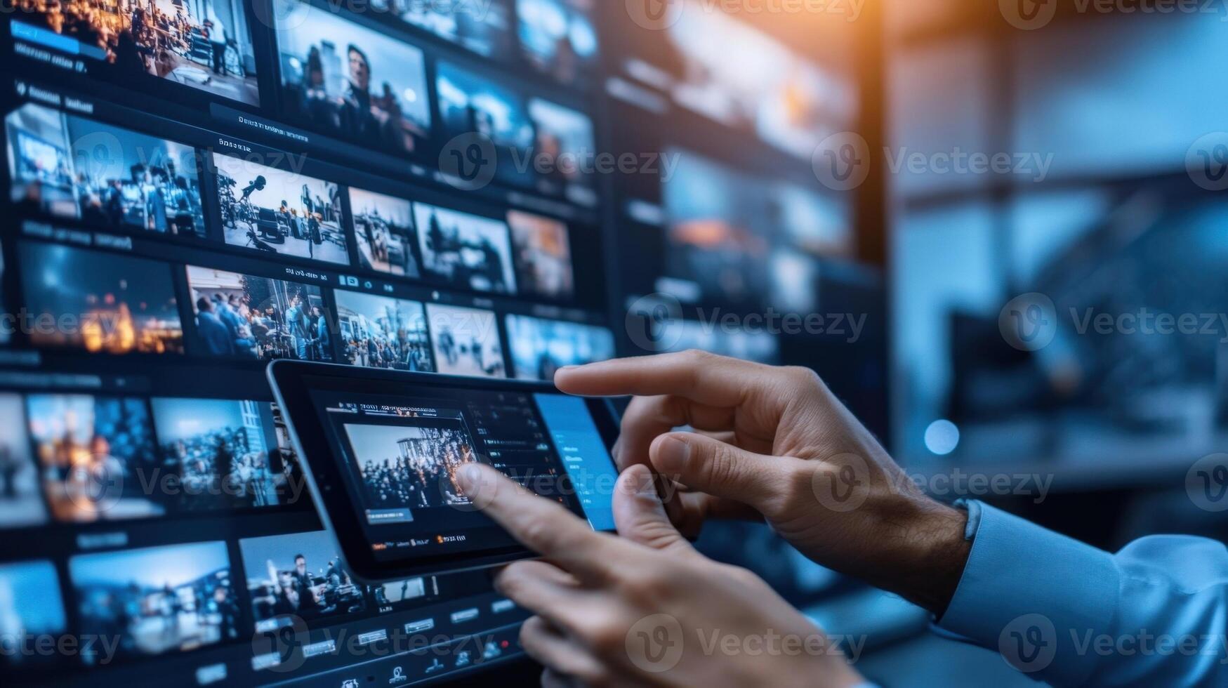 A technicians hands resting on a tablet configuring settings on a specialized application while large files are queued for transfer from a camera to a remote server illustratin photo