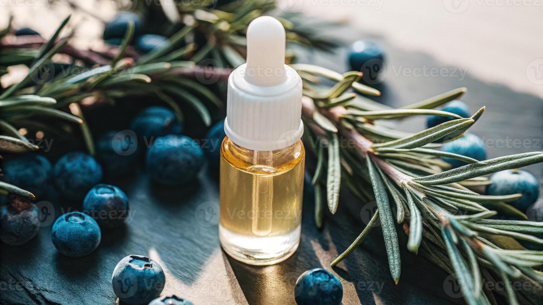 A macro shot of a small vial filled with a glowing liquid nestled a organic ingredients such as herbs and berries illustrating the blend of nature and science in the pursuit of. photo