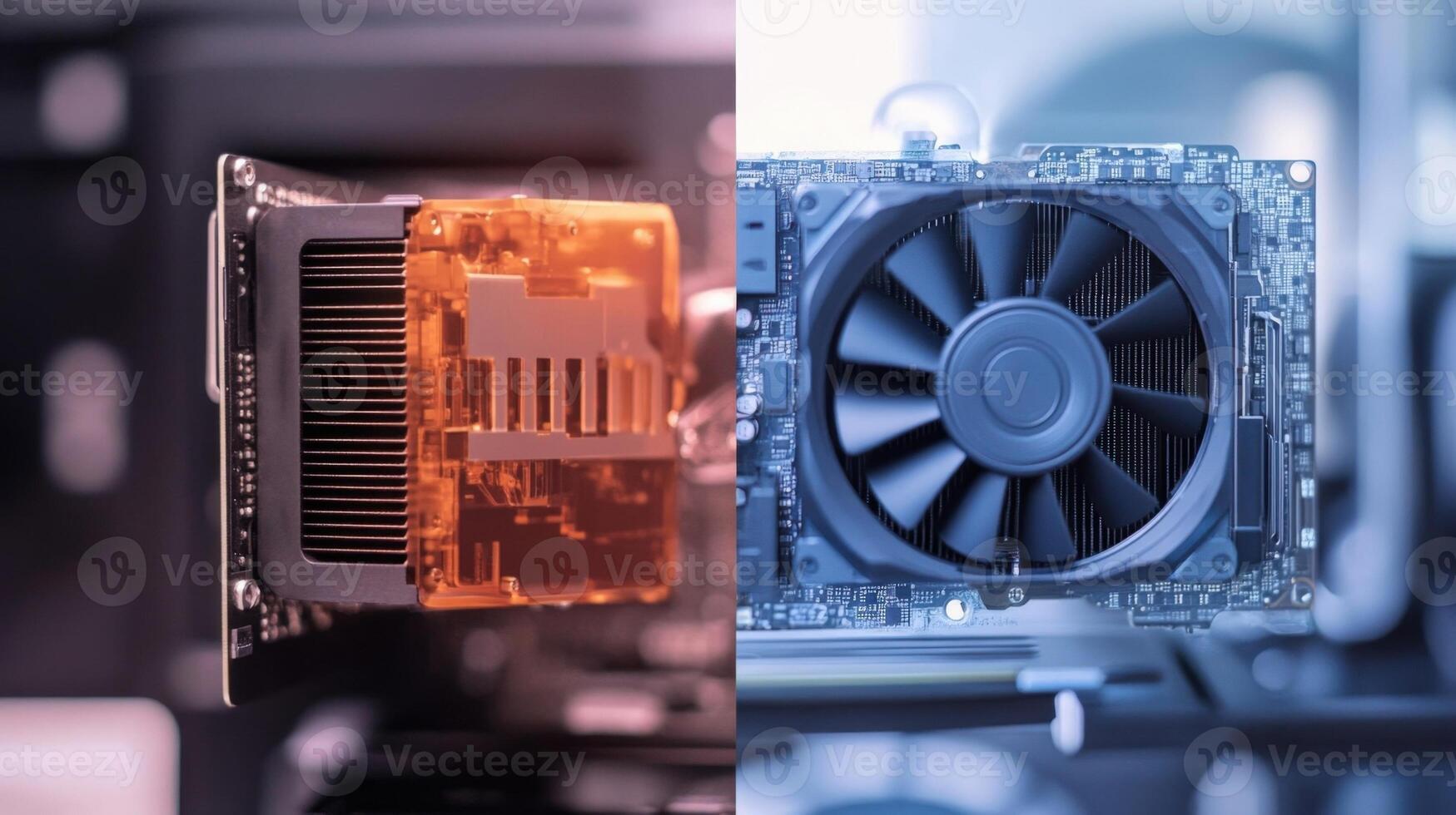 Computer graphic cards representing hot and cold temperature performance of cooling system photo